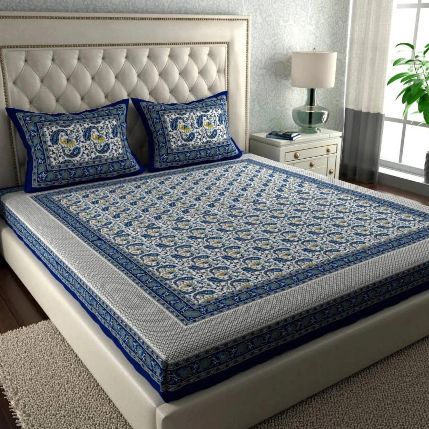 Image of COZYKO Cotton Double Flat 144 TC Jaipuri Prints 1 Bedsheet with 2 Pillow Covers