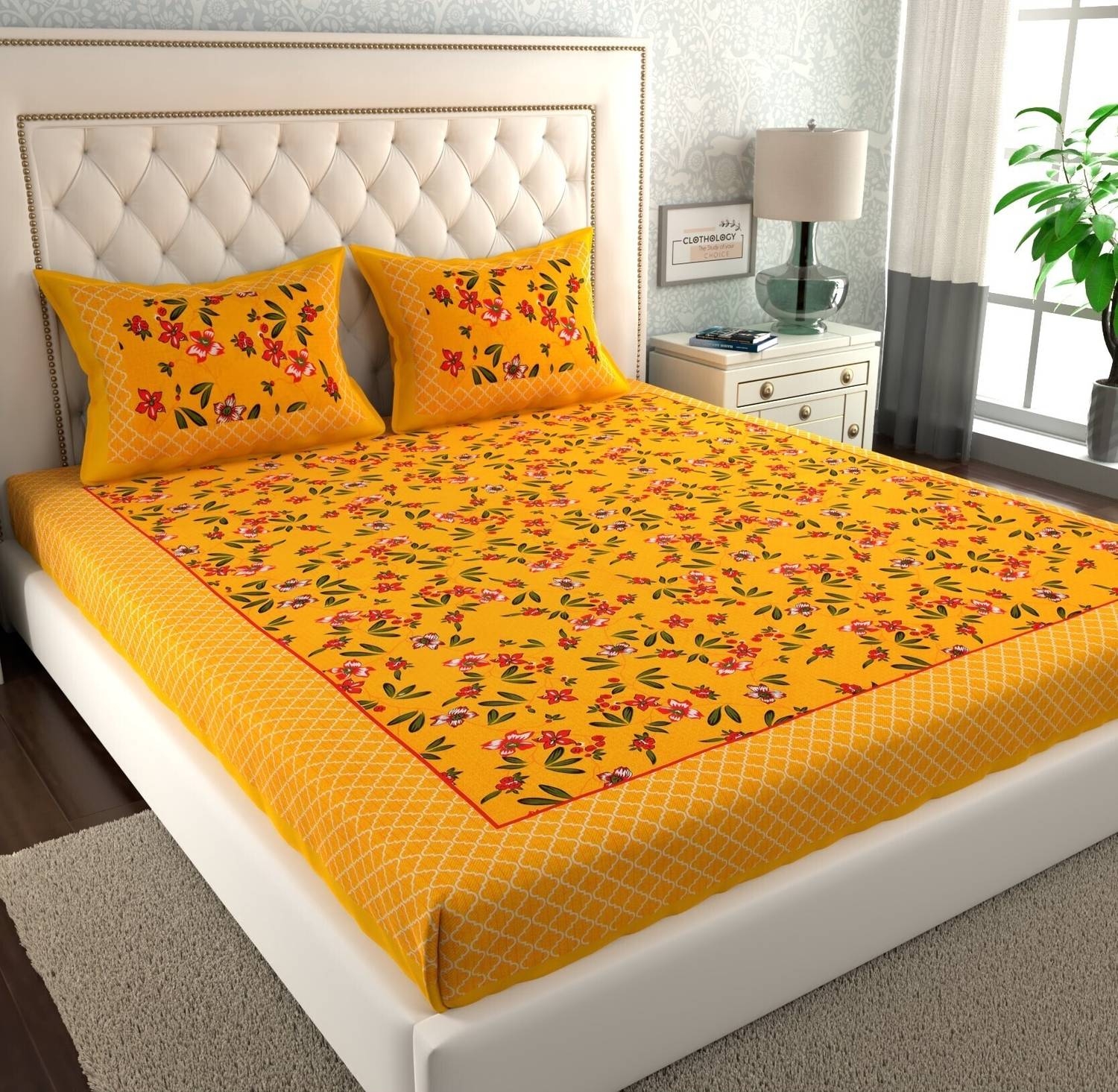 CLOTHOLOGY Cotton Double Flat 144 TC Jaipuri Prints 1 Bedsheet wi