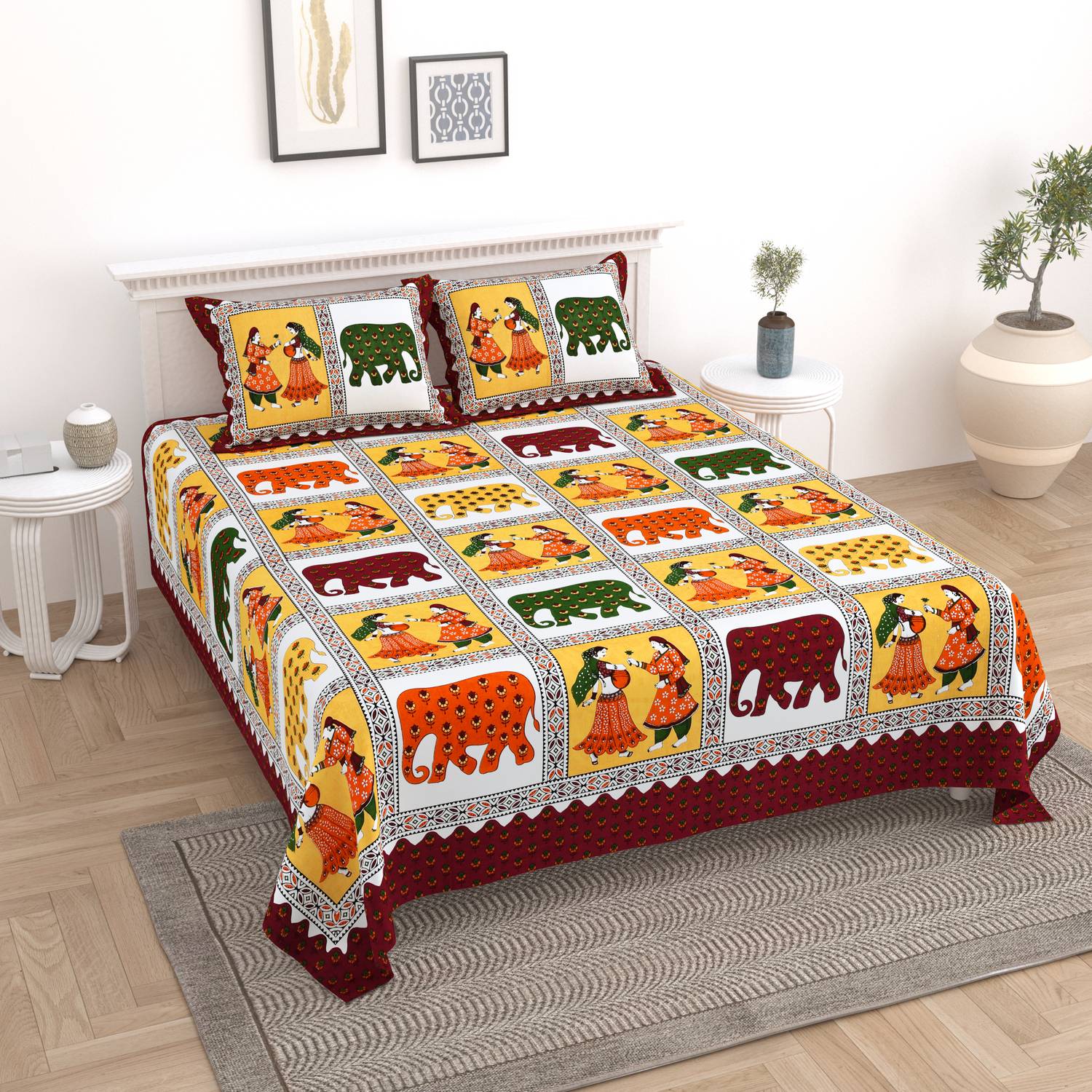 Cosito Cotton Double Flat 144 TC Printed 1 Bedsheet with 2 Pillow