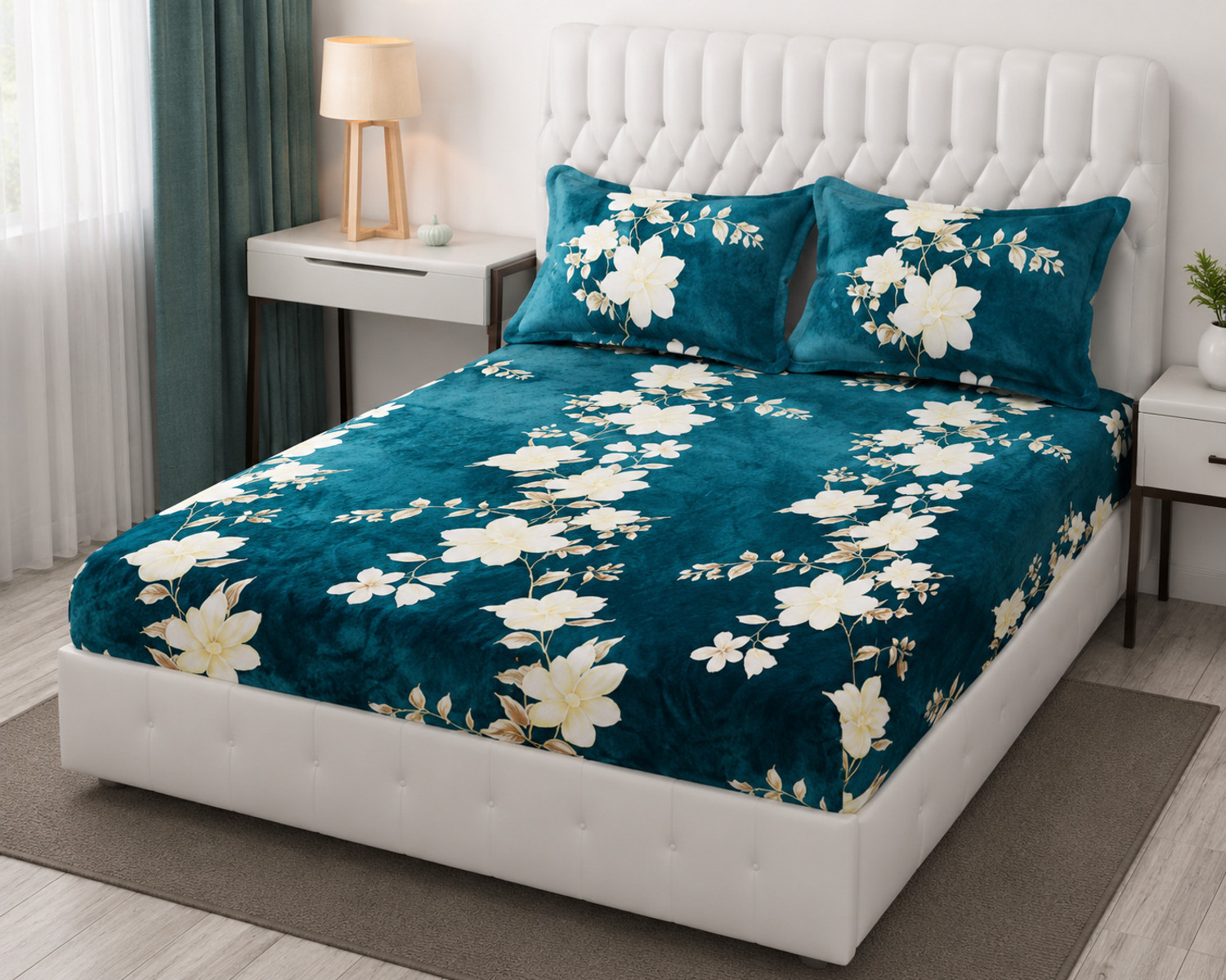 Image of d delazio Woolen, Velvet Double Fitted (Elastic) 300 TC Printed 1 Winter Bedsheet with 2 Pillow Covers