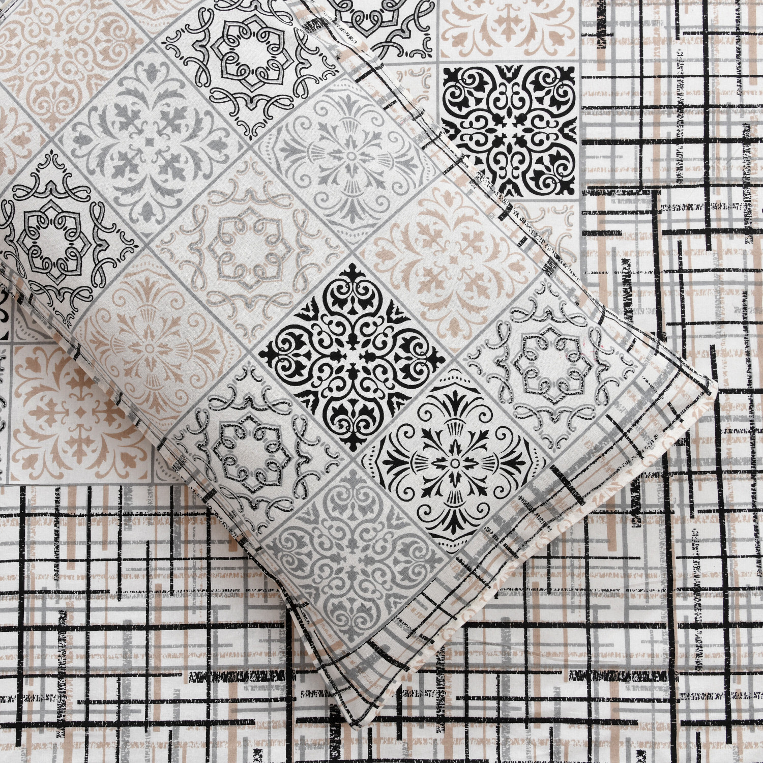 Image of Mafatlal Cotton Double Flat 144 TC Geometric 1 Bedsheet with 2 Pillow Covers
