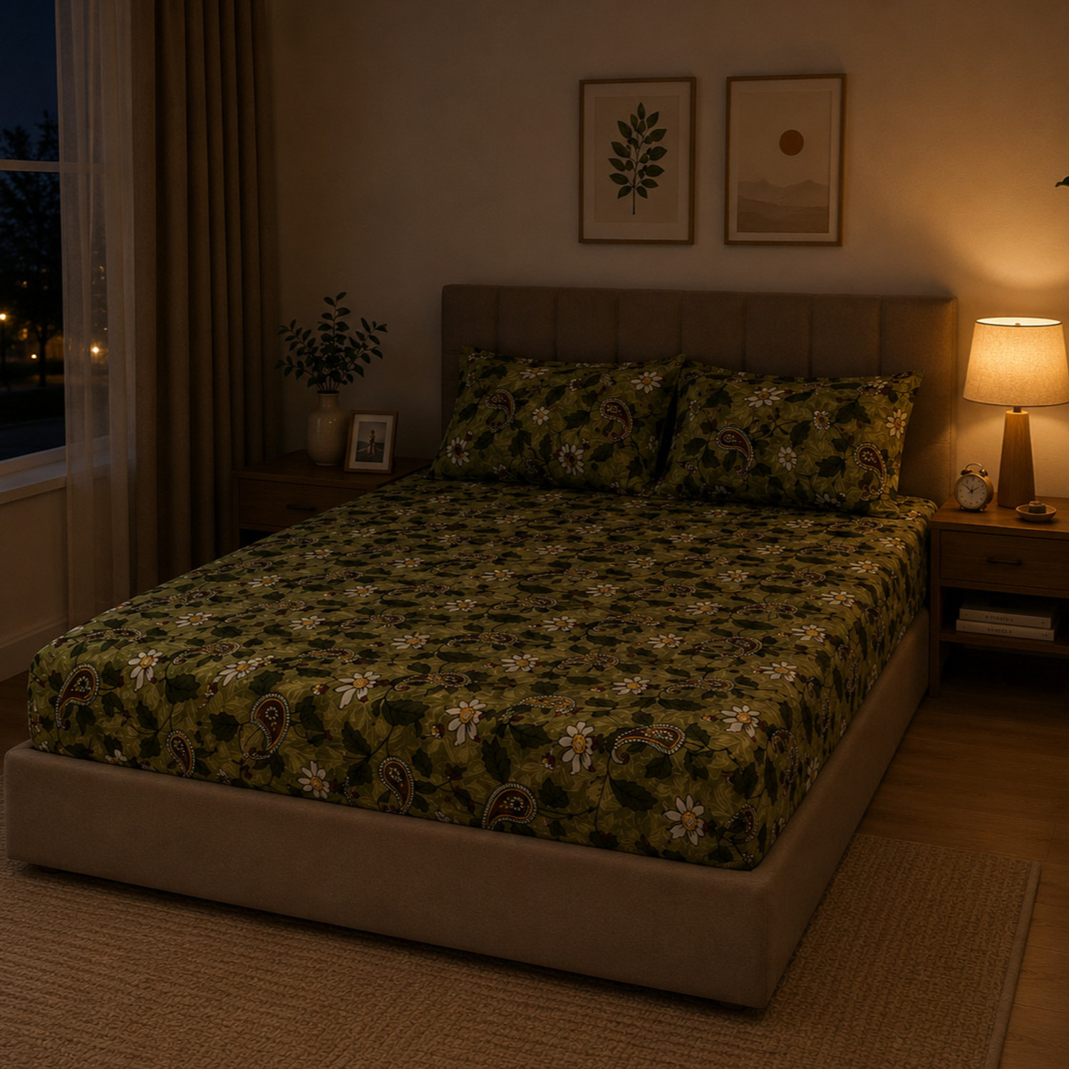 Image of Valemo & co. Cotton Double, King Fitted (Elastic) 210 TC Printed 1 Bedsheet with 2 Pillow Covers (Multicolor)