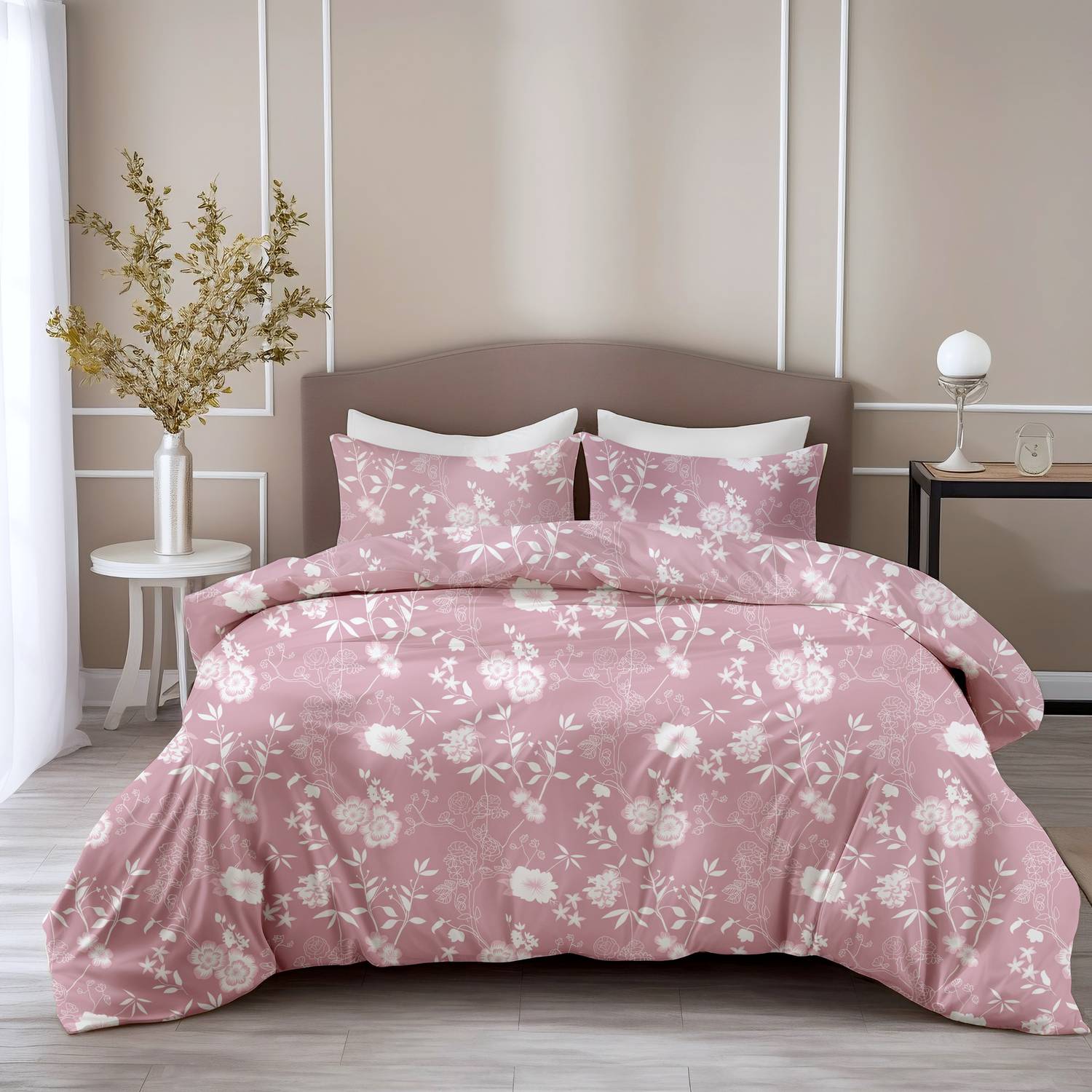 LORETO Cotton Double Flat 144 TC Floral 1 Bedsheet with 2 Pillow