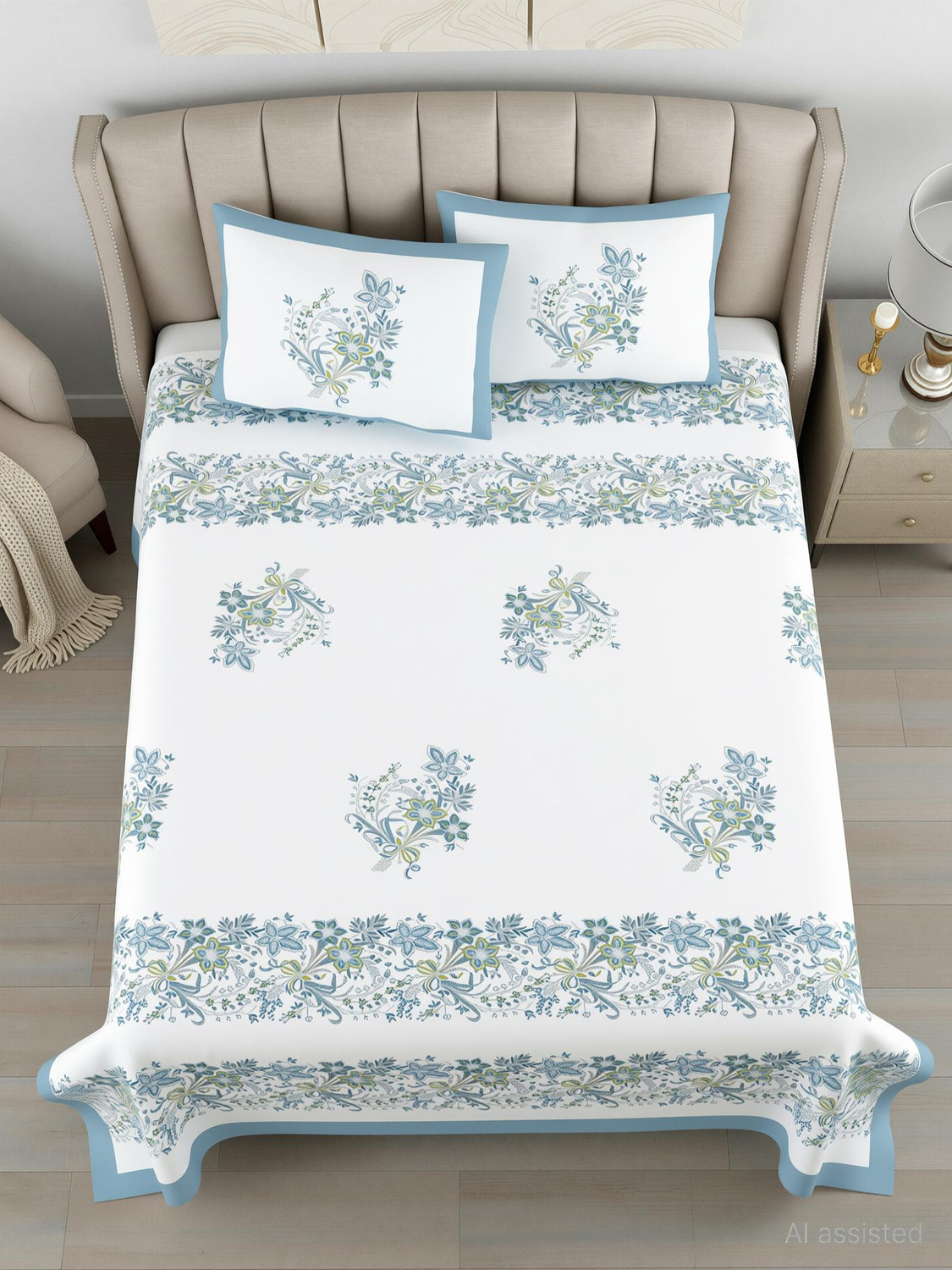 Image of elanorhomes Cotton King Flat 240 TC Floral 1 Summer Bedsheet with 2 Pillow Covers (Blue Serenity)