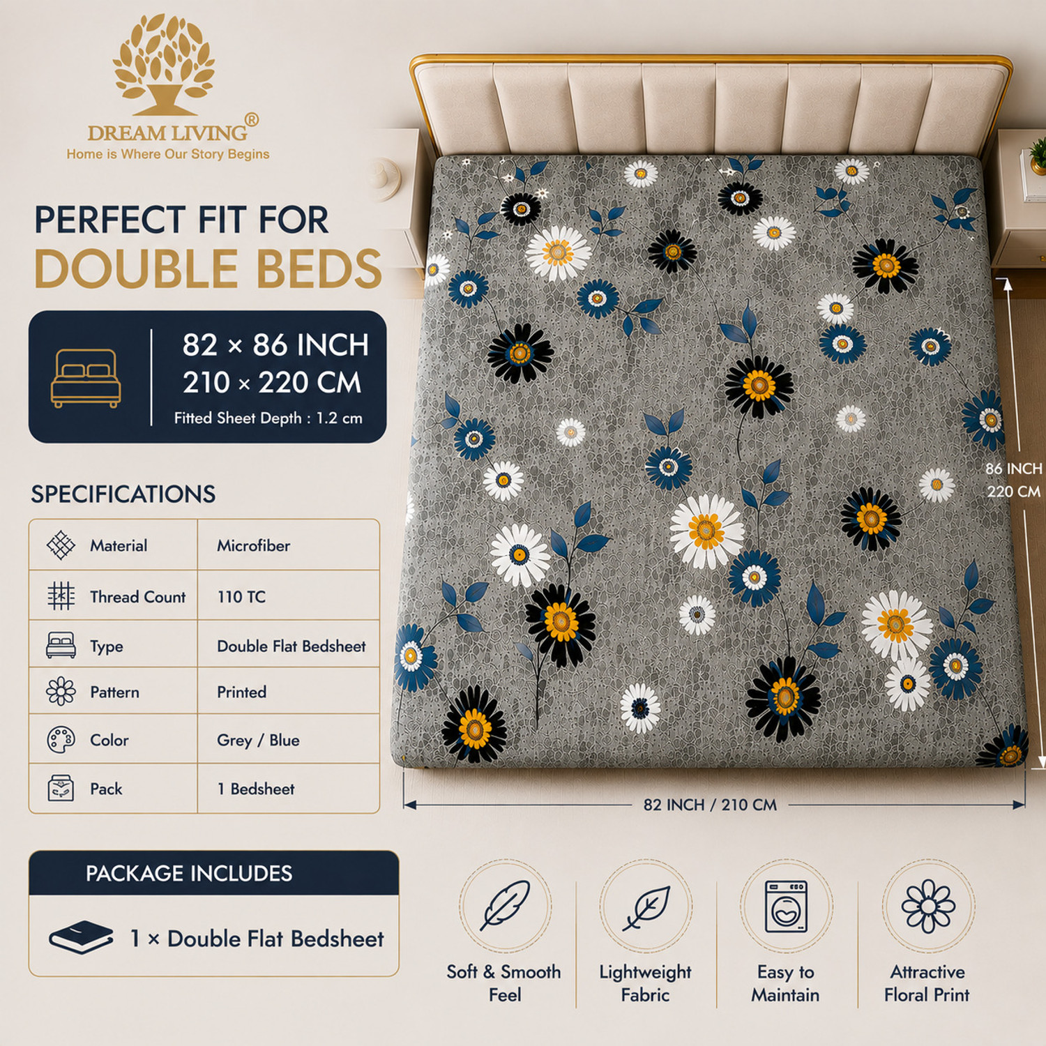 Image of DREAM LIVING Microfiber Double Flat 110 TC Printed 1 Bedsheet