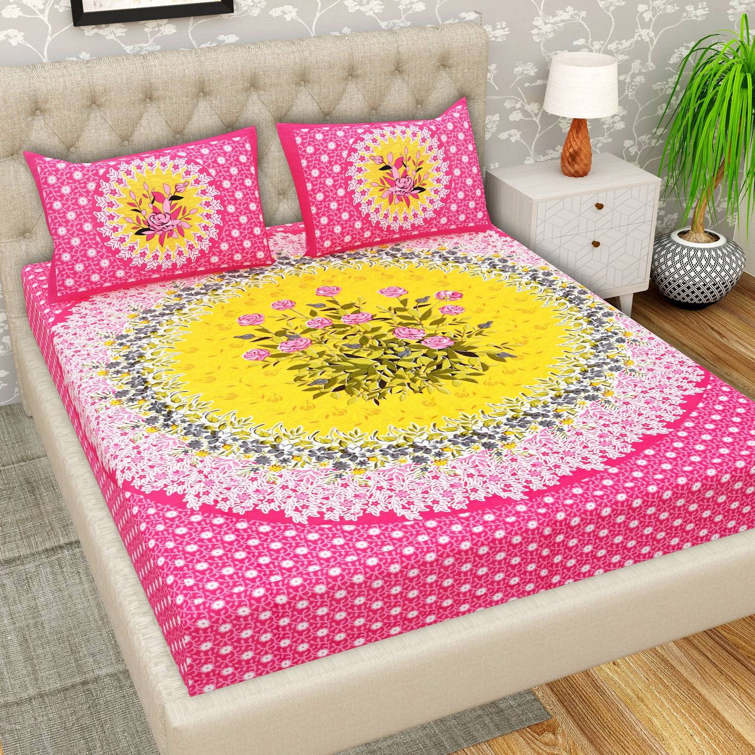 Jeevat Cotton Double Flat 144 TC Jaipuri Prints 1 Bedsheet with 2