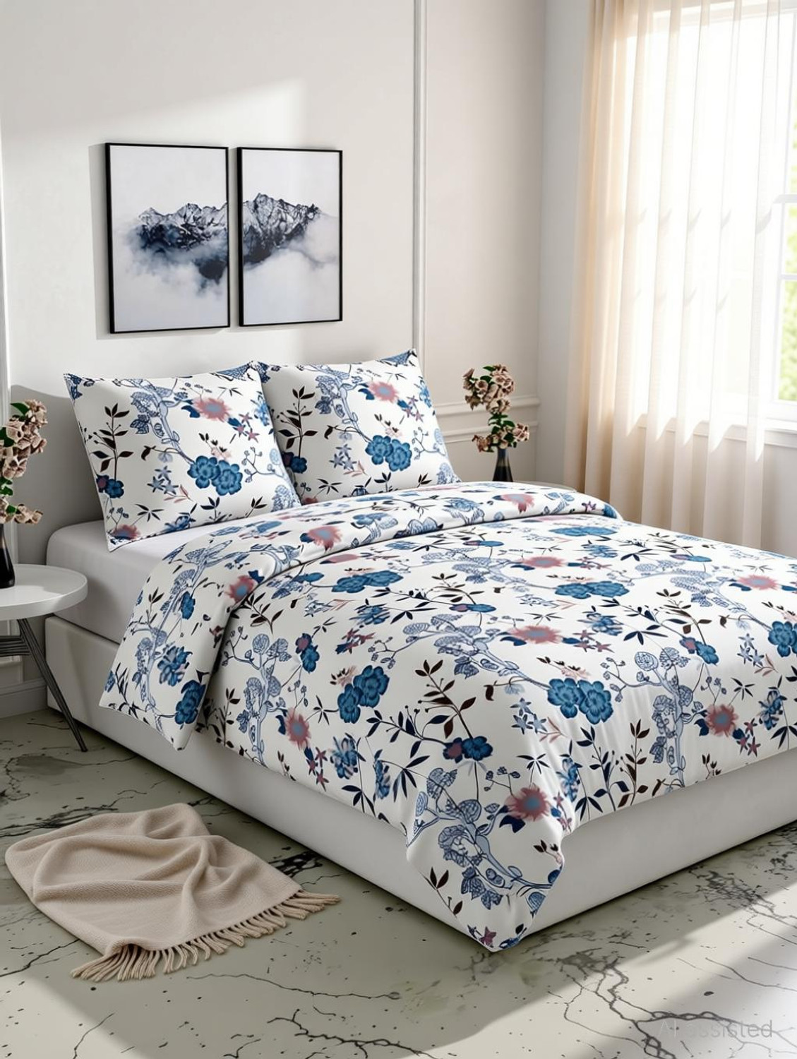 Image of LUMORA NEST Cotton Double Flat 300 TC Printed 1 Bedsheet with 2 Pillow Covers