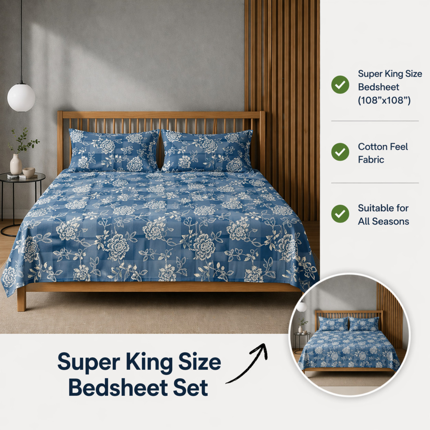 Image of Amrange Cotton Super King Flat 300 TC Floral 1 Bedsheet with 2 Pillow Covers