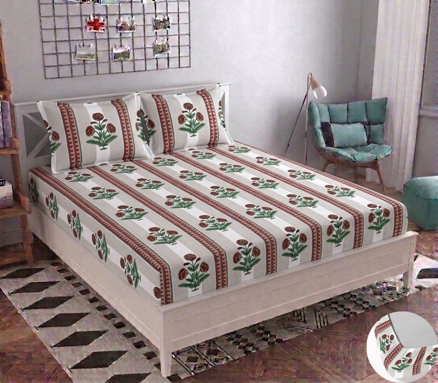 Image of BLUEDOT Cotton Double Fitted (Elastic) 200 TC Printed 1 Summer Bedsheet with 2 Pillow Covers