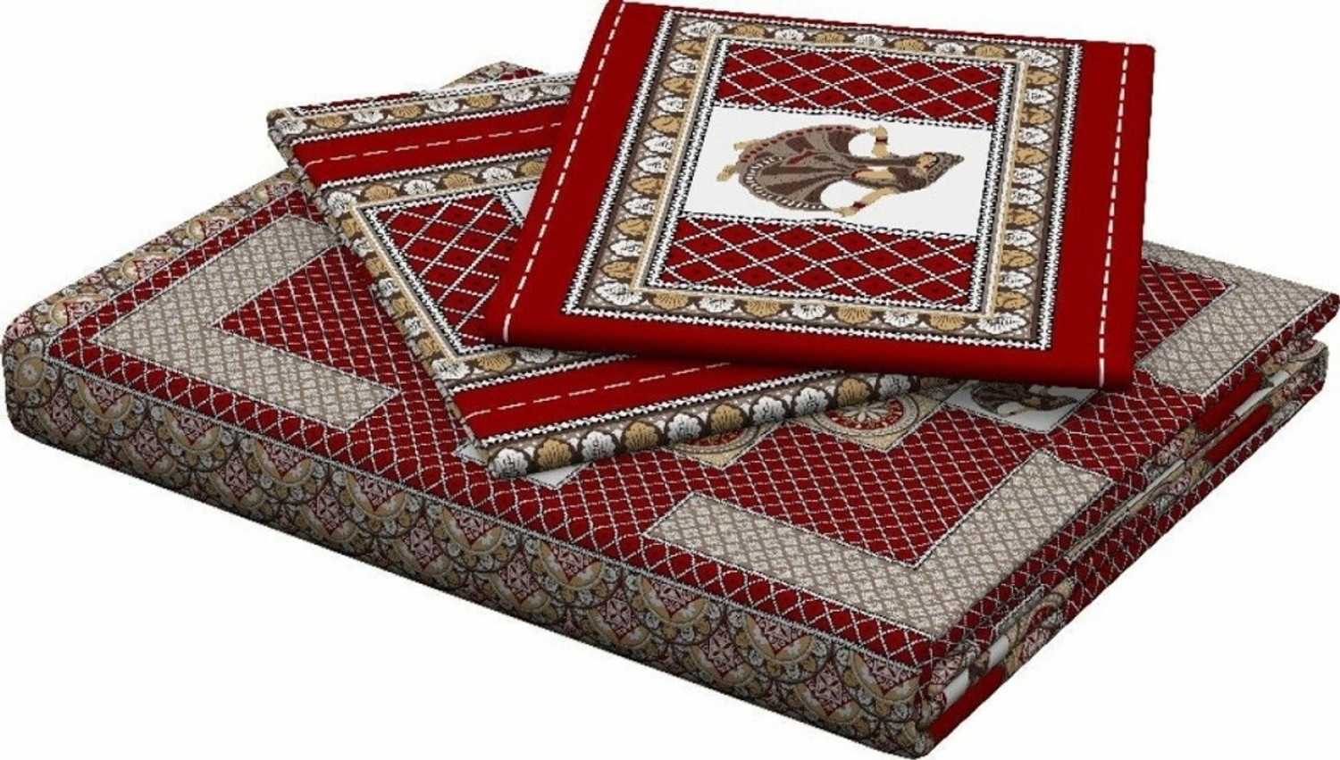Image of COTSO Cotton Double Flat 144 TC Jaipuri Prints 1 Bedsheet with 2 Pillow Covers