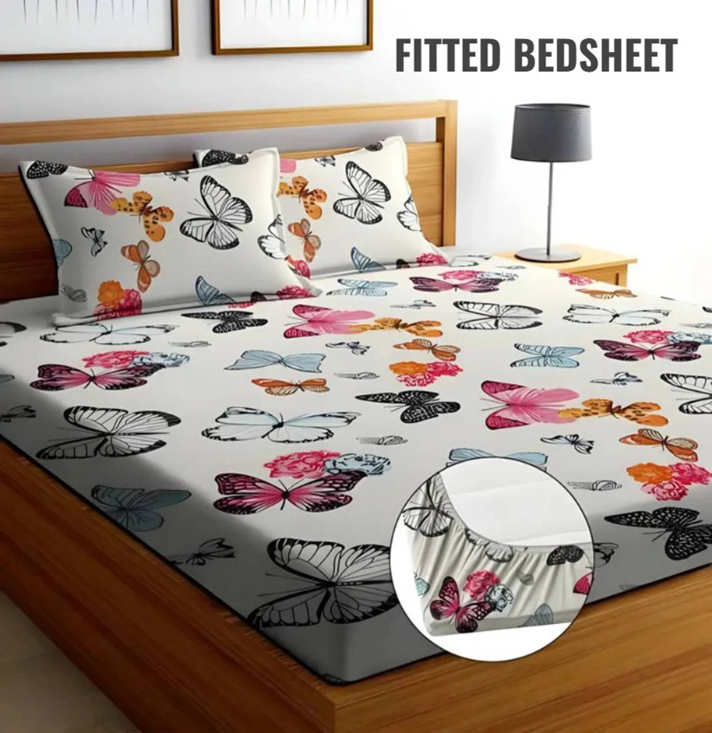 RisingStar Cotton King Fitted (Elastic) 250 TC Printed 1 Bedsheet with 2 Pillow Covers