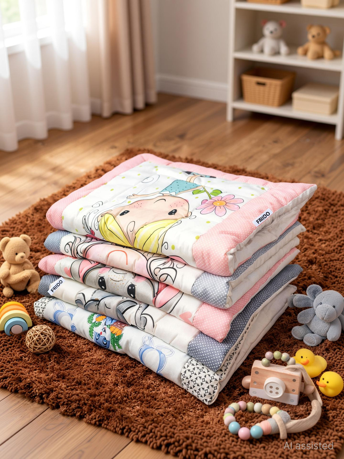 Image of Frido Cotton Crib Flat 250 TC Cartoon 5 Bedsheets with 10 Pillow Covers