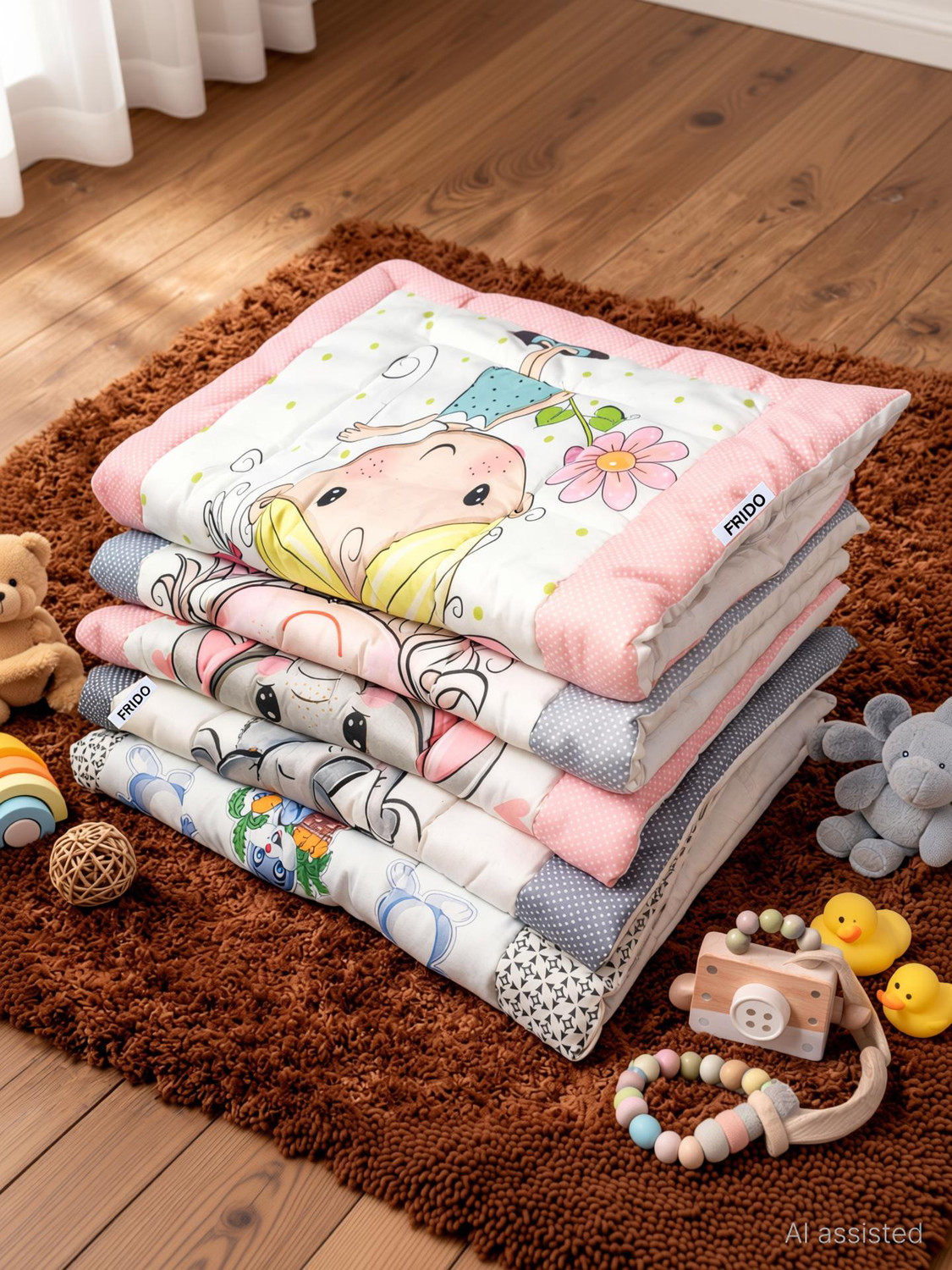 Image of Frido Cotton Crib Flat 250 TC Cartoon 5 Bedsheets with 10 Pillow Covers