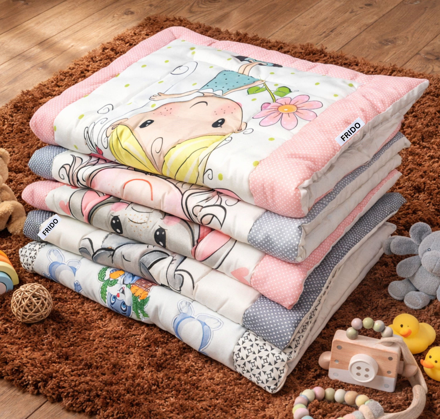 Image of Frido Cotton Crib Flat 250 TC Cartoon 5 Bedsheets with 10 Pillow Covers