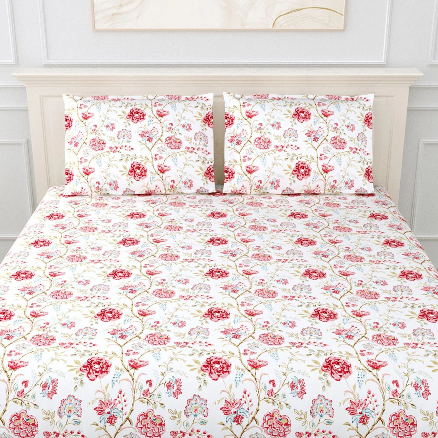 Image of haus & kinder Cotton King Fitted (Elastic) 186 TC Printed 1 Bedsheet with 2 Pillow Covers