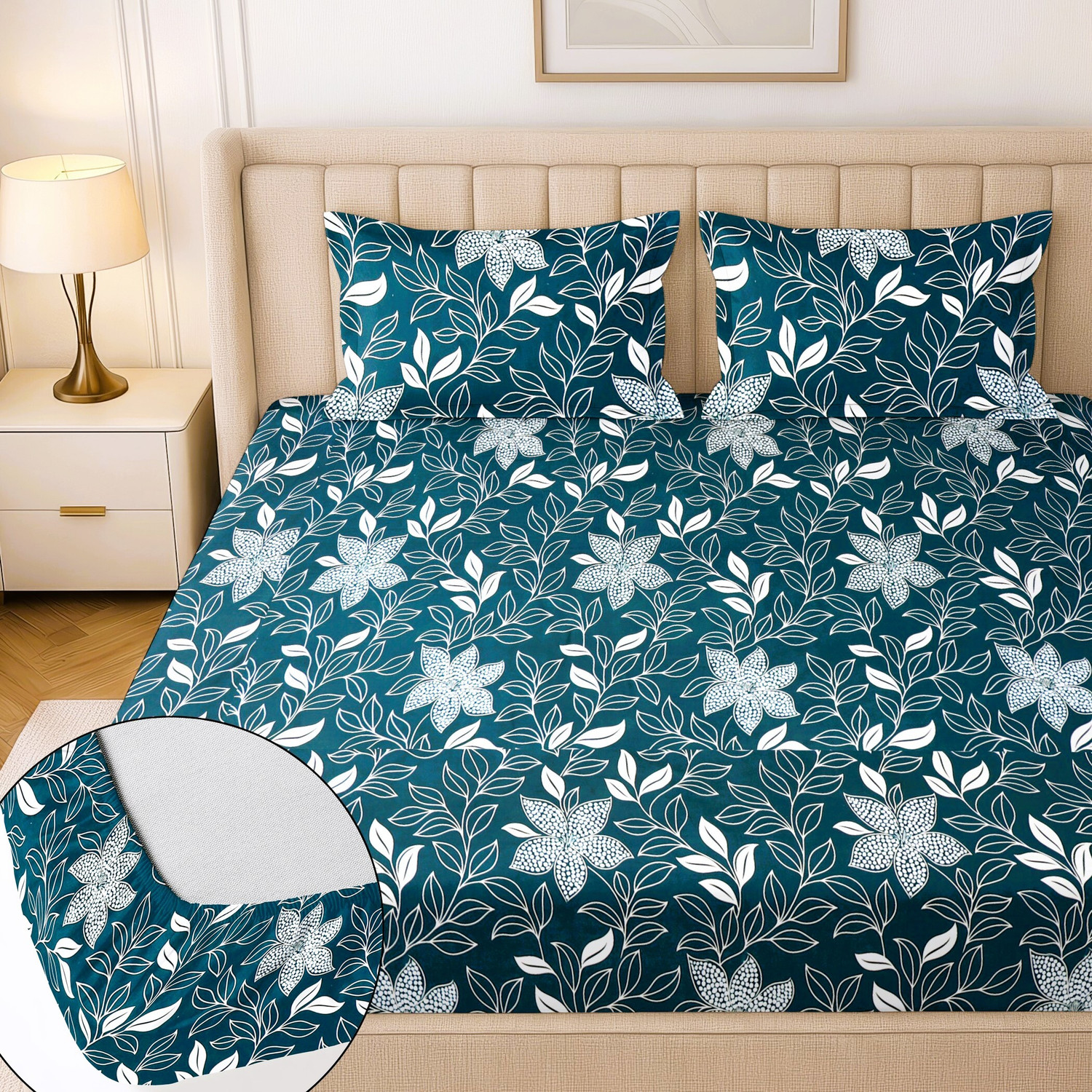 Image of Flipkart Perfect Homes Cotton Double Fitted (Elastic) 244 TC Printed 1 Summer Bedsheet with 2 Pillow Covers