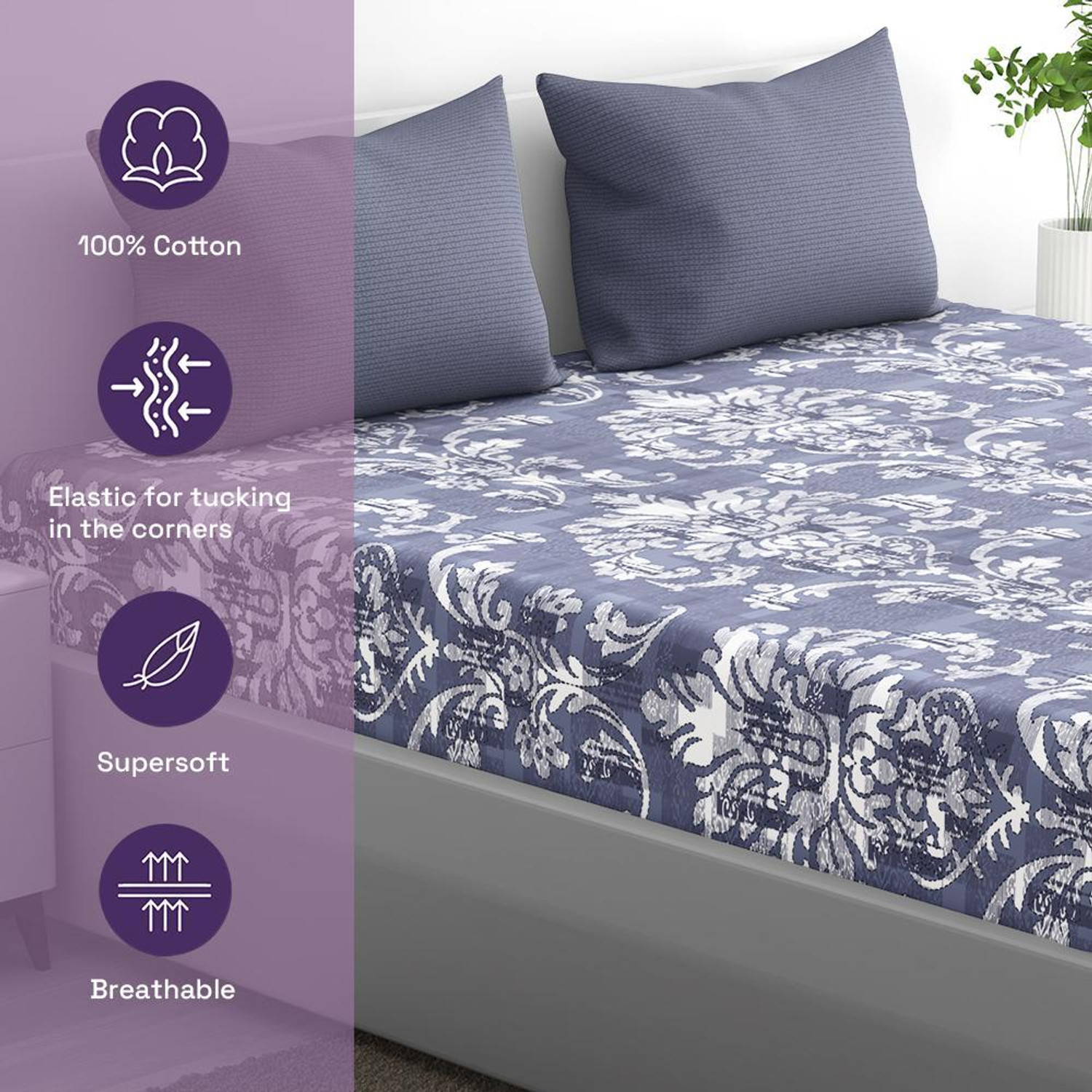 Image of Wakefit Cotton King Fitted (Elastic) 200 TC Floral 1 AC Bedsheet with 2 Pillow Covers
