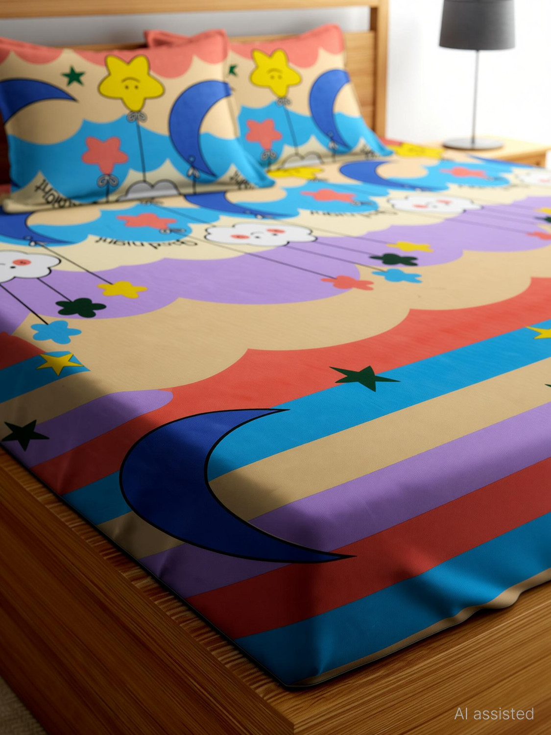 Image of HIYANSHI HOME FURNISHING Polycotton King Fitted (Elastic) 210 TC Floral 1 Bedsheet with 2 Pillow Covers