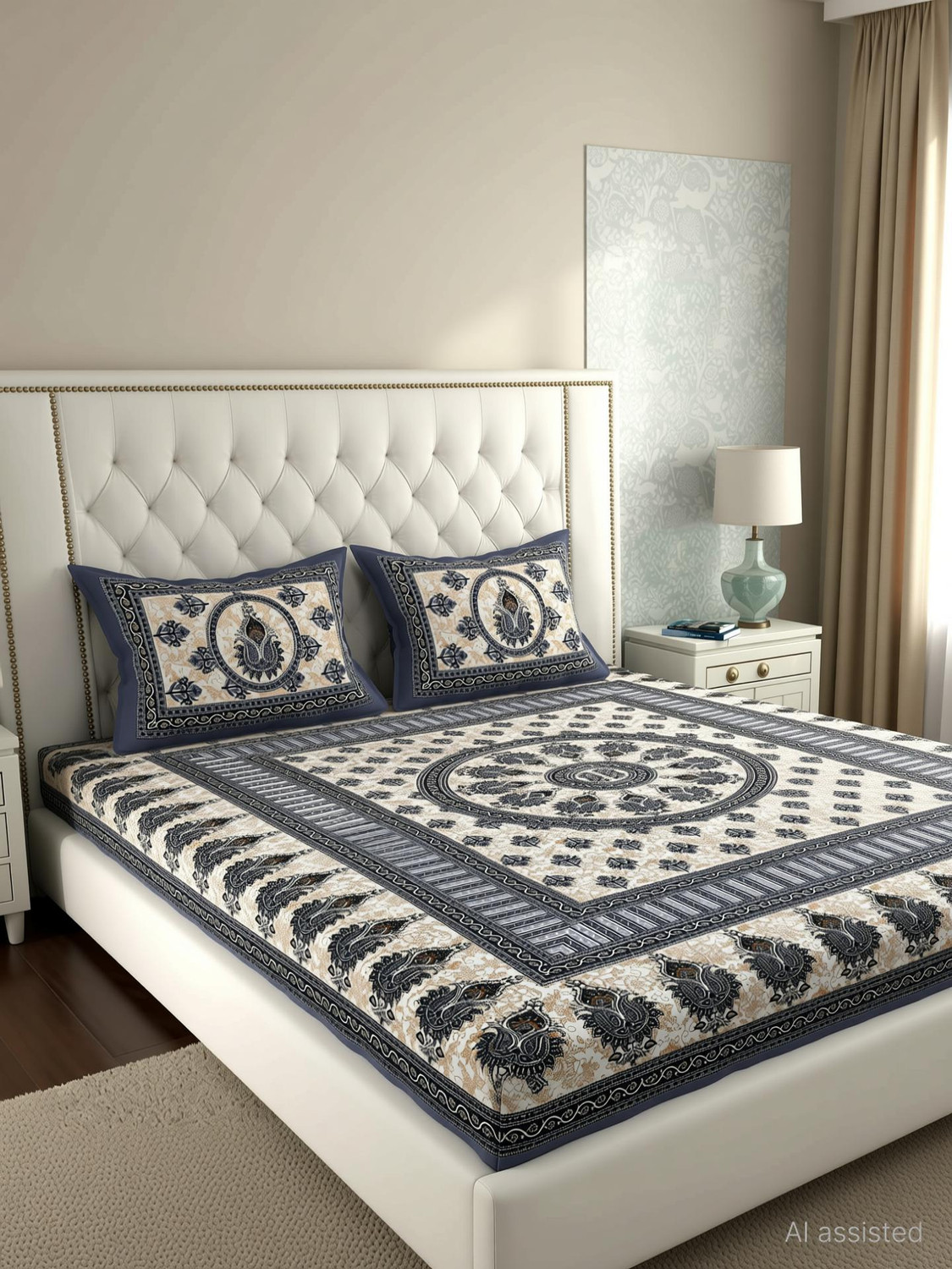 Image of MONAYRA Cotton Double Flat 144 TC Jaipuri Prints 1 Bedsheet with 2 Pillow Covers