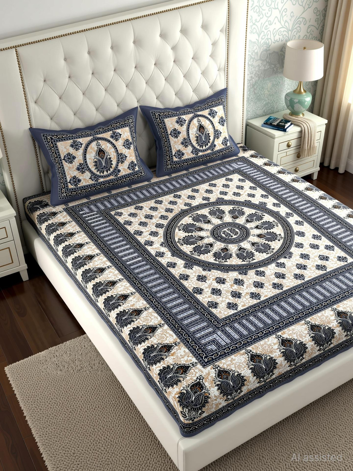 Image of MONAYRA Cotton Double Flat 144 TC Jaipuri Prints 1 Bedsheet with 2 Pillow Covers