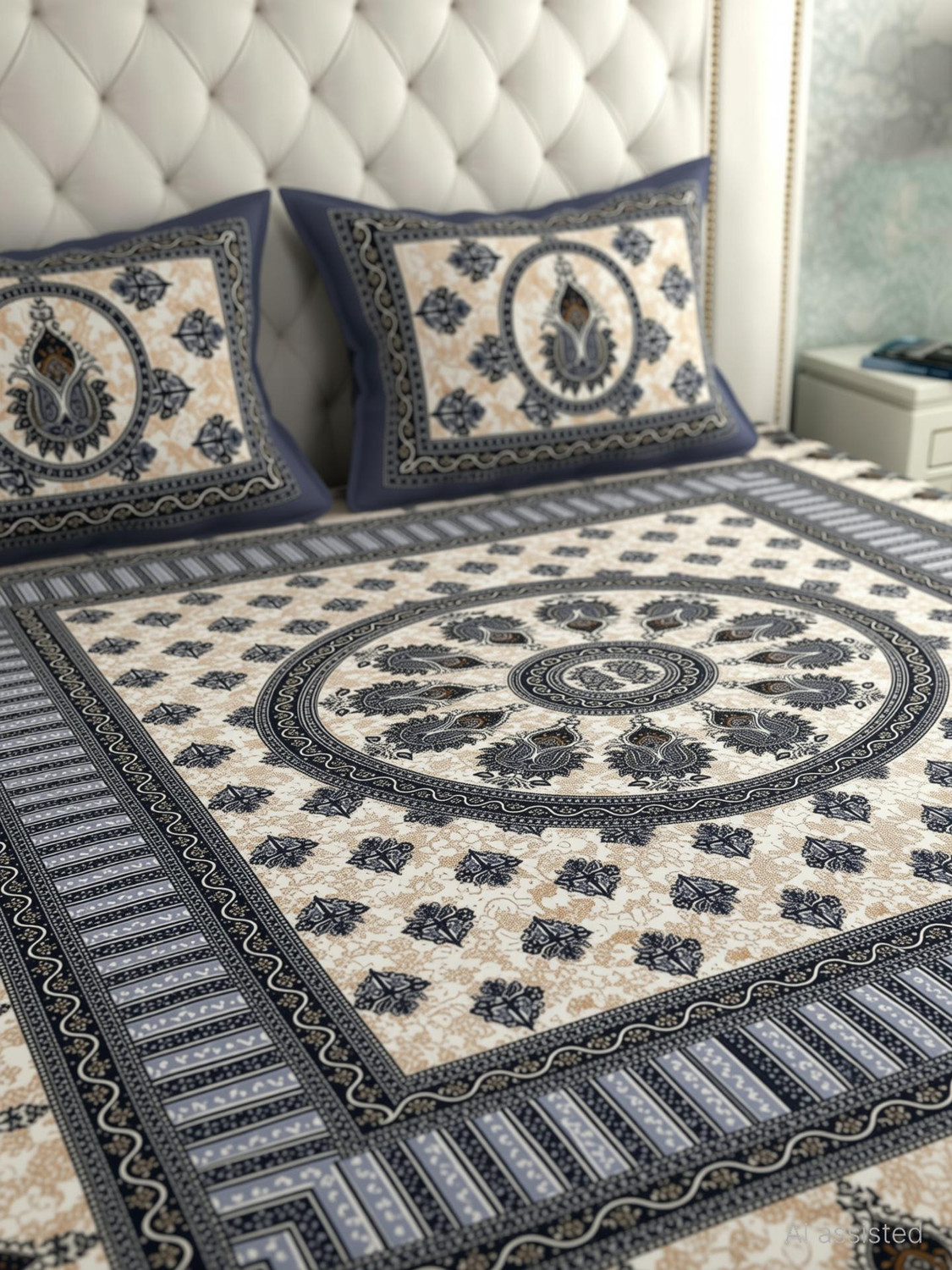 Image of MONAYRA Cotton Double Flat 144 TC Jaipuri Prints 1 Bedsheet with 2 Pillow Covers
