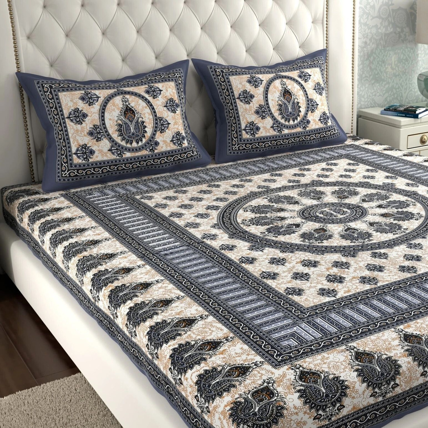Image of MONAYRA Cotton Double Flat 144 TC Jaipuri Prints 1 Bedsheet with 2 Pillow Covers