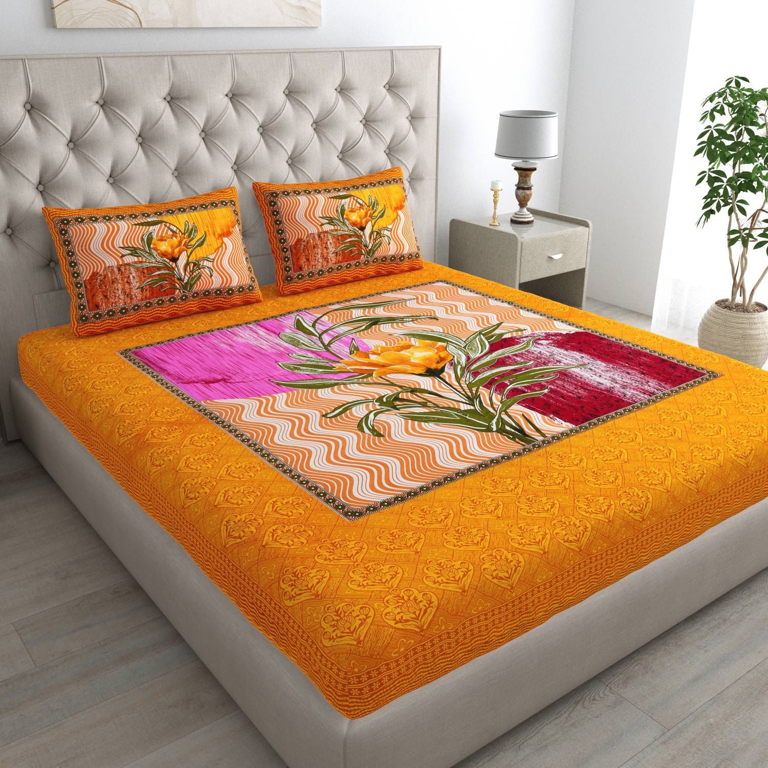 Cosito Cotton Double Flat 144 TC Printed 1 Bedsheet with 2 Pillow