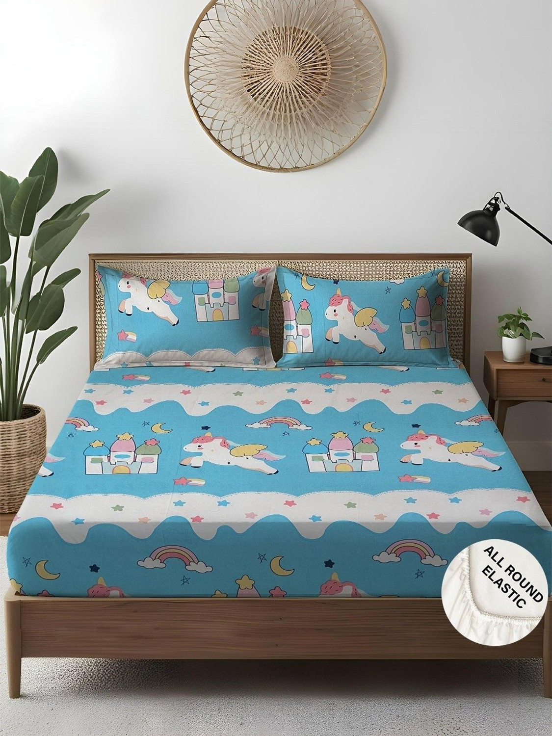 Image of Weave & Decor Microfiber Super King Fitted (Elastic) 300 TC Cartoon 1 Bedsheet with 2 Pillow Covers