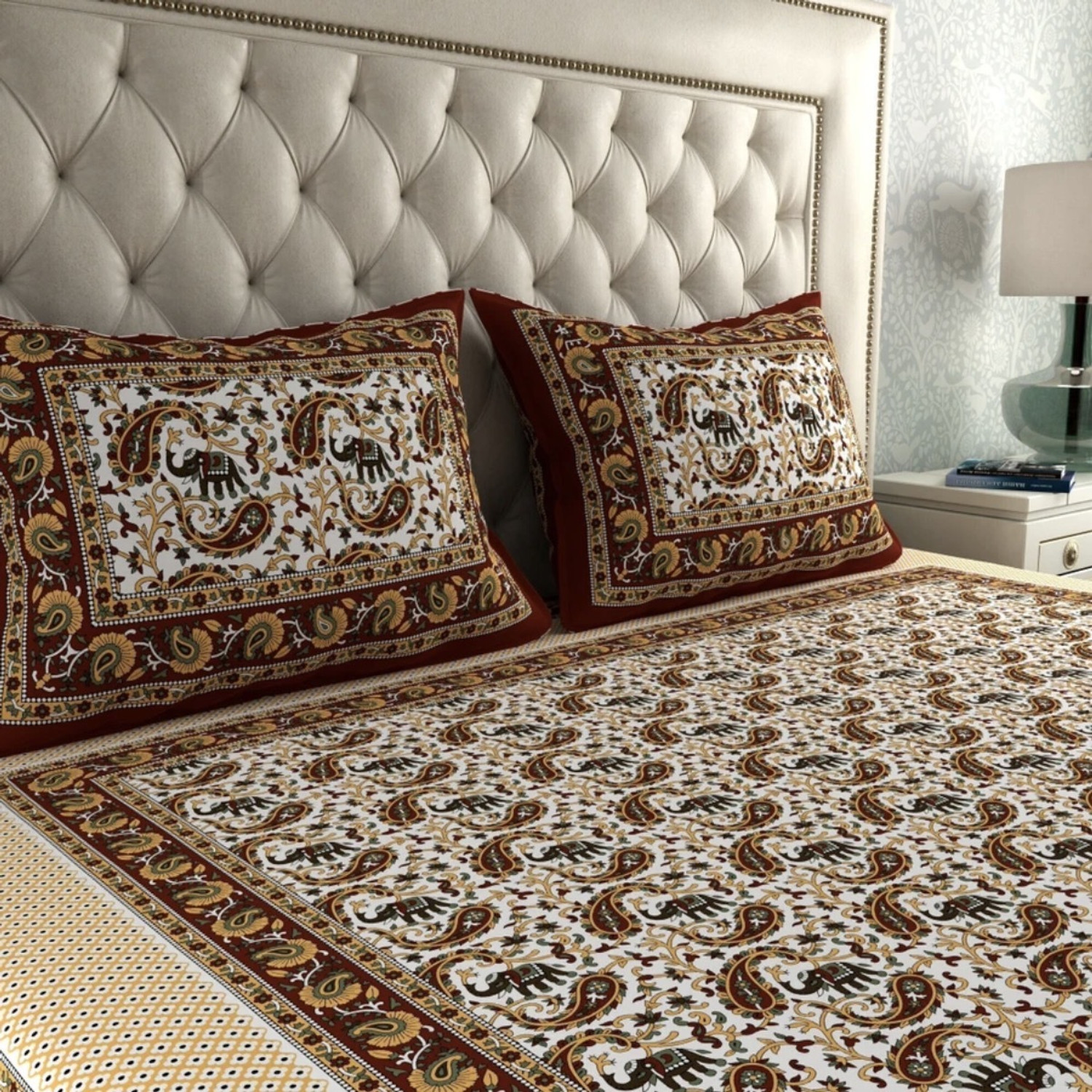 Image of Manshar Cotton Double Flat 144 TC Jaipuri Prints 1 Bedsheet with 2 Pillow Covers (Brown)