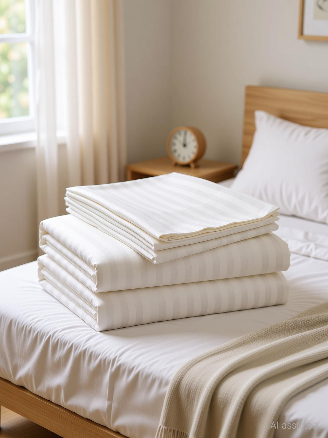 Image of TAMANI DECOR Cotton, Microfiber King Flat 220 TC Striped 1 Summer Bedsheet with 2 Pillow Covers (White)