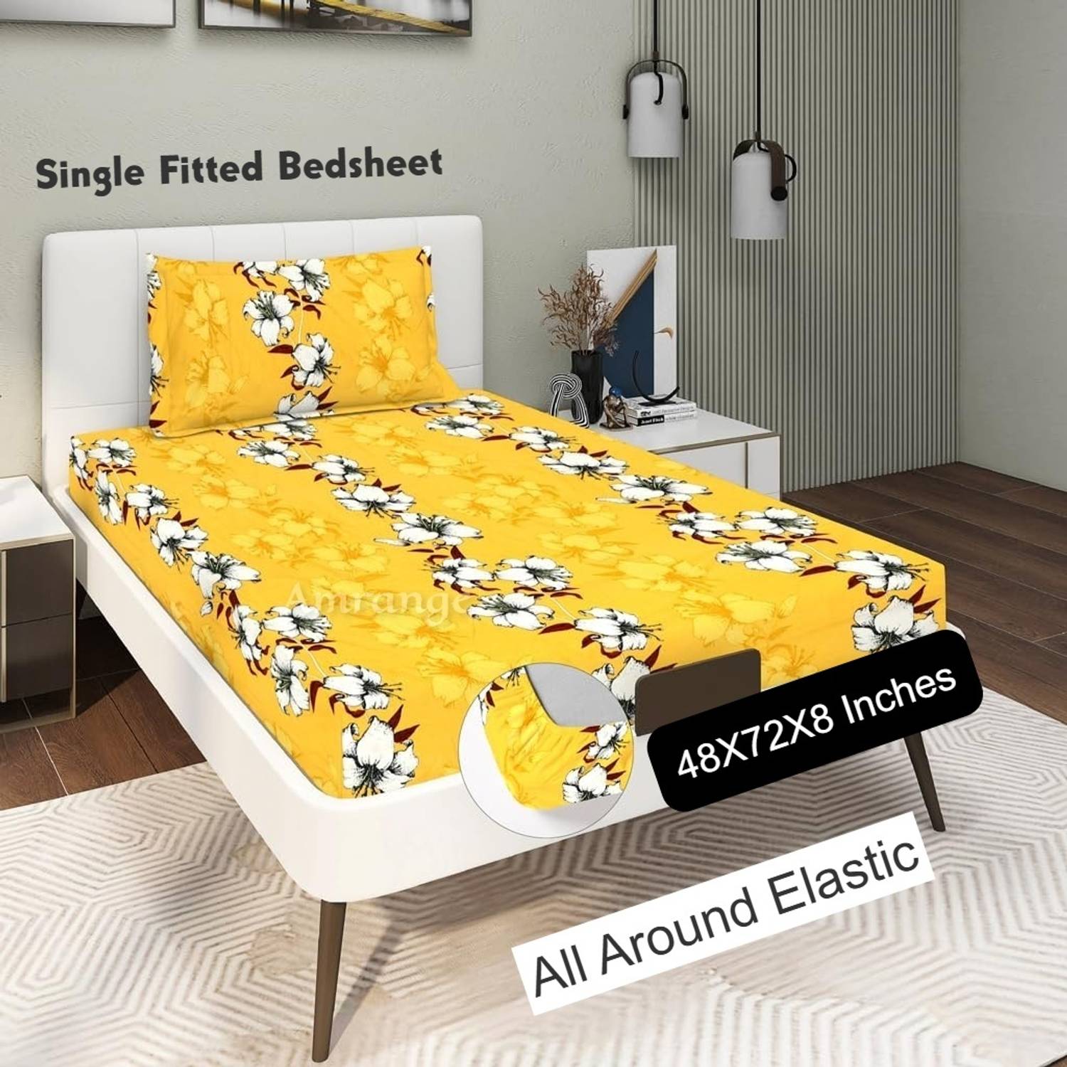 Amrange Cotton Single Fitted (Elastic) 190 TC Floral 1 Bedsheet with 2 Pillow Covers