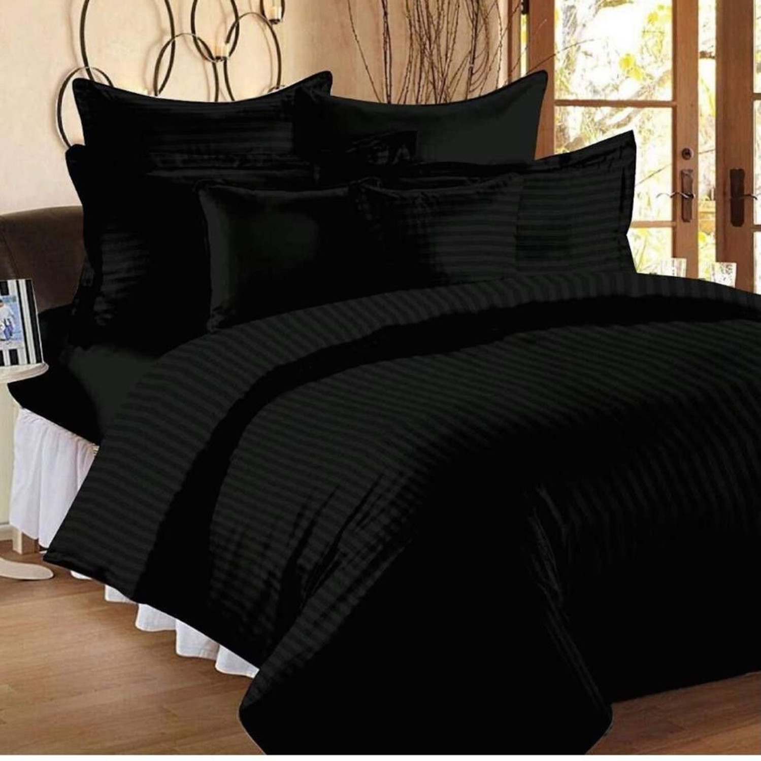 Image of Dnk Satin Double Flat 240 TC Striped 1 Bedsheet with 2 Pillow Covers
