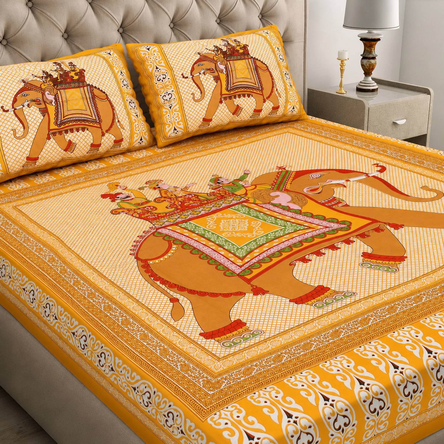 BedZone Cotton Double, Queen Flat 220 TC Jaipuri Prints 1 Summer Bedsheet with 2 Pillow Covers