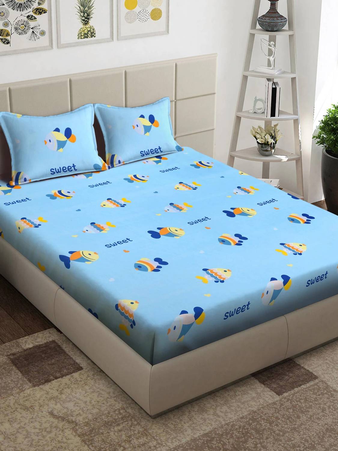 Arrabi Polycotton King Flat 300 TC Cartoon 1 Summer Bedsheet with 2 Pillow Covers