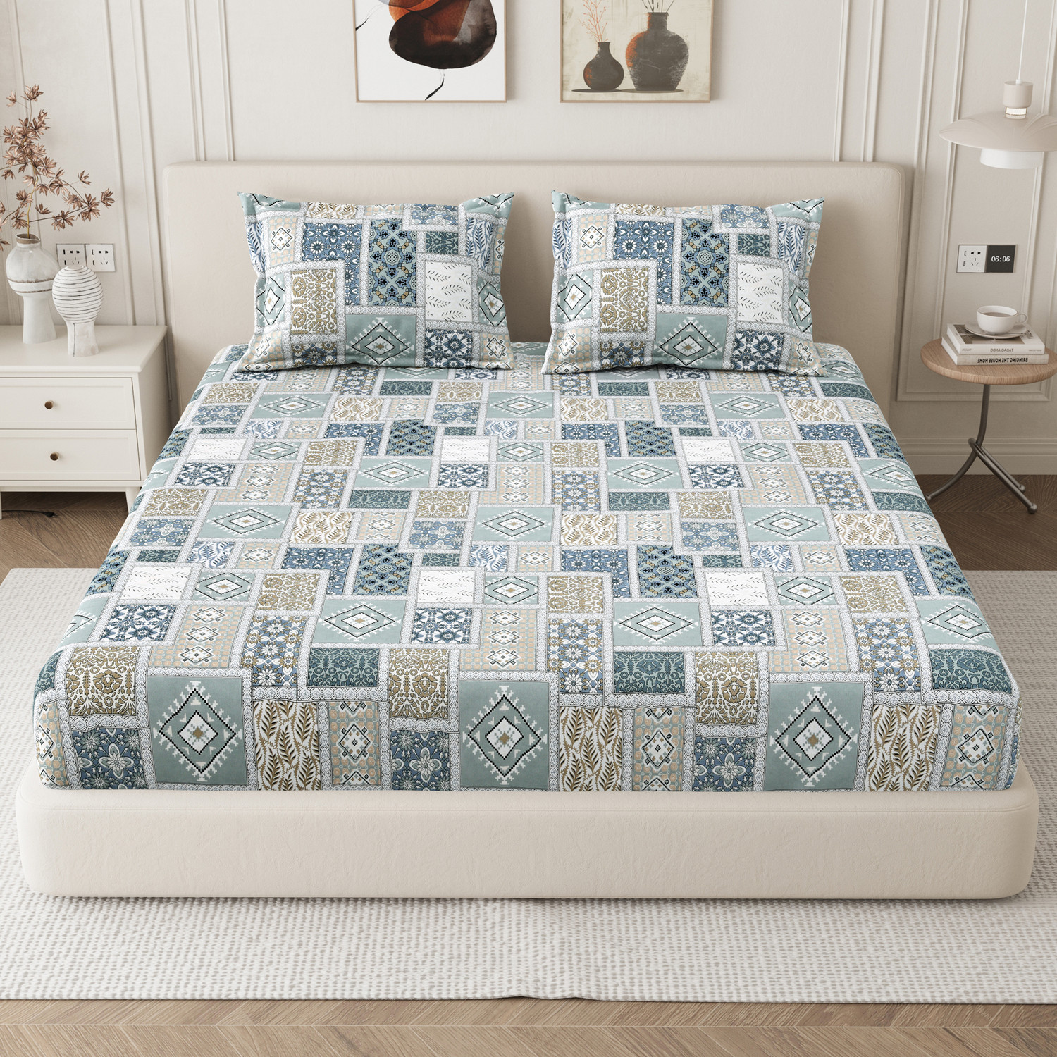 Image of Homeful Style Microfiber Queen Fitted (Elastic) 160 TC Printed 1 Summer Bedsheet with 2 Pillow Covers (Grey)
