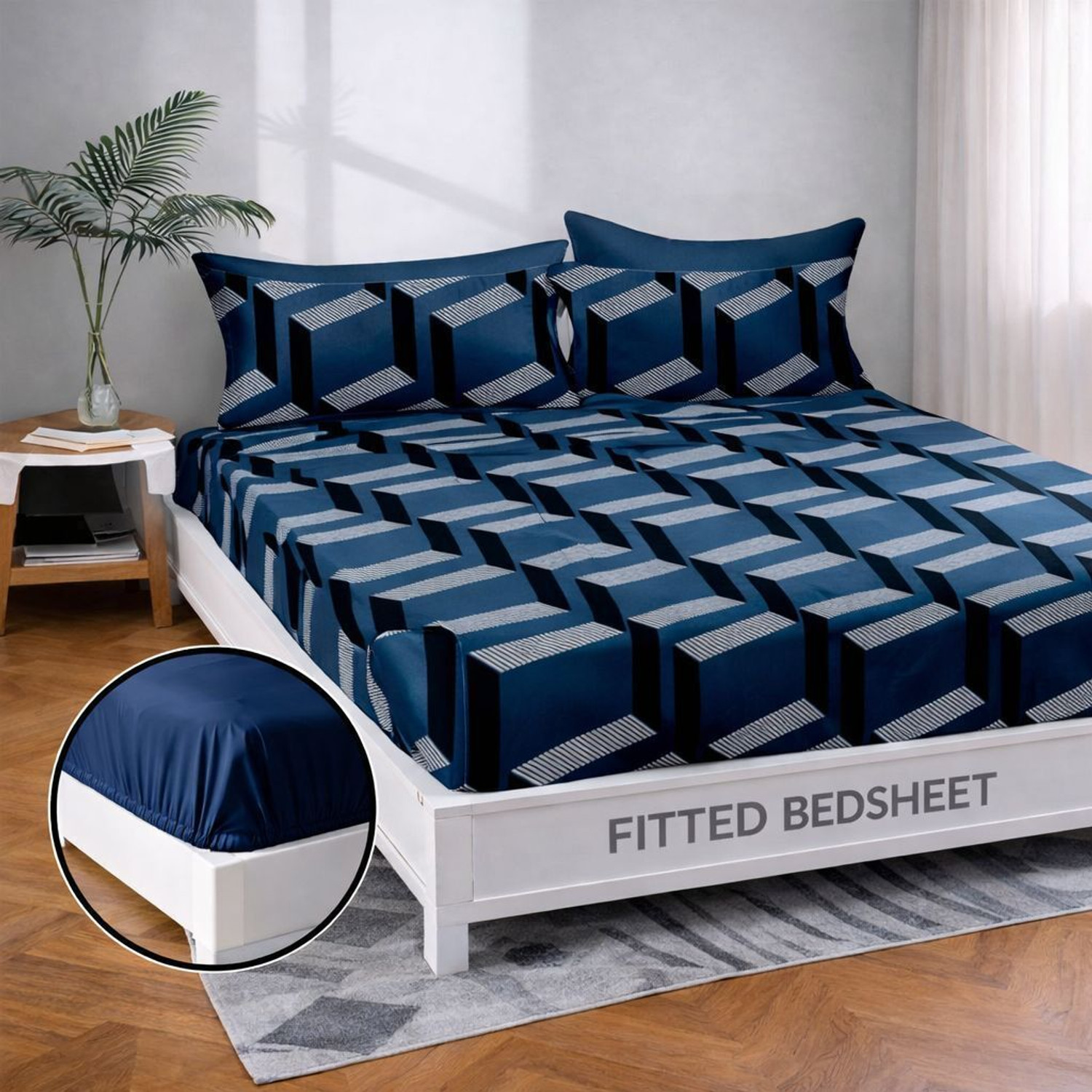 Image of Goodrik Cotton Double Fitted (Elastic) 210 TC Printed 1 Bedsheet with 2 Pillow Covers