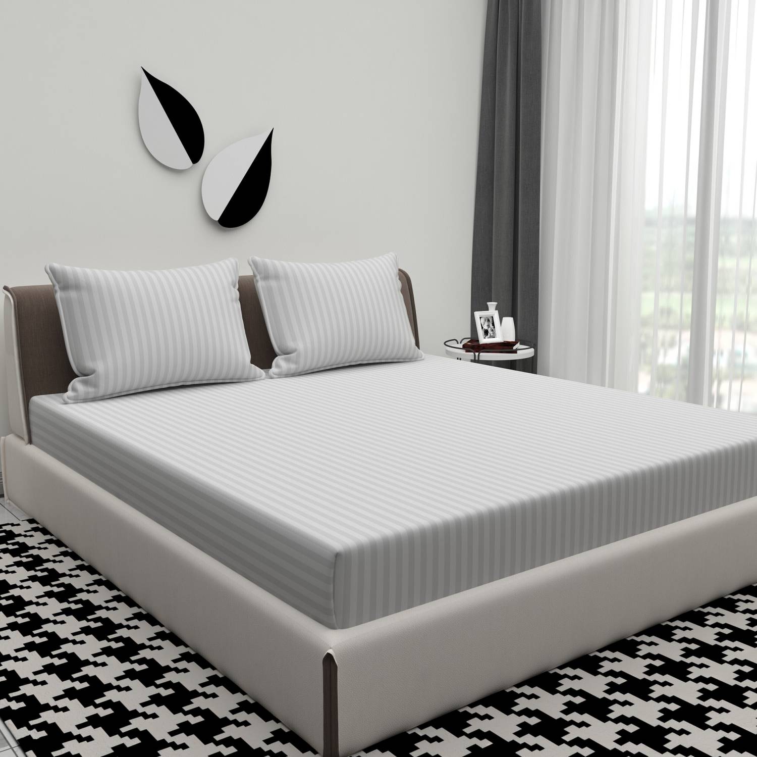BROMWICK Microfiber Double Flat 300 TC Striped 1 Bedsheet with 2