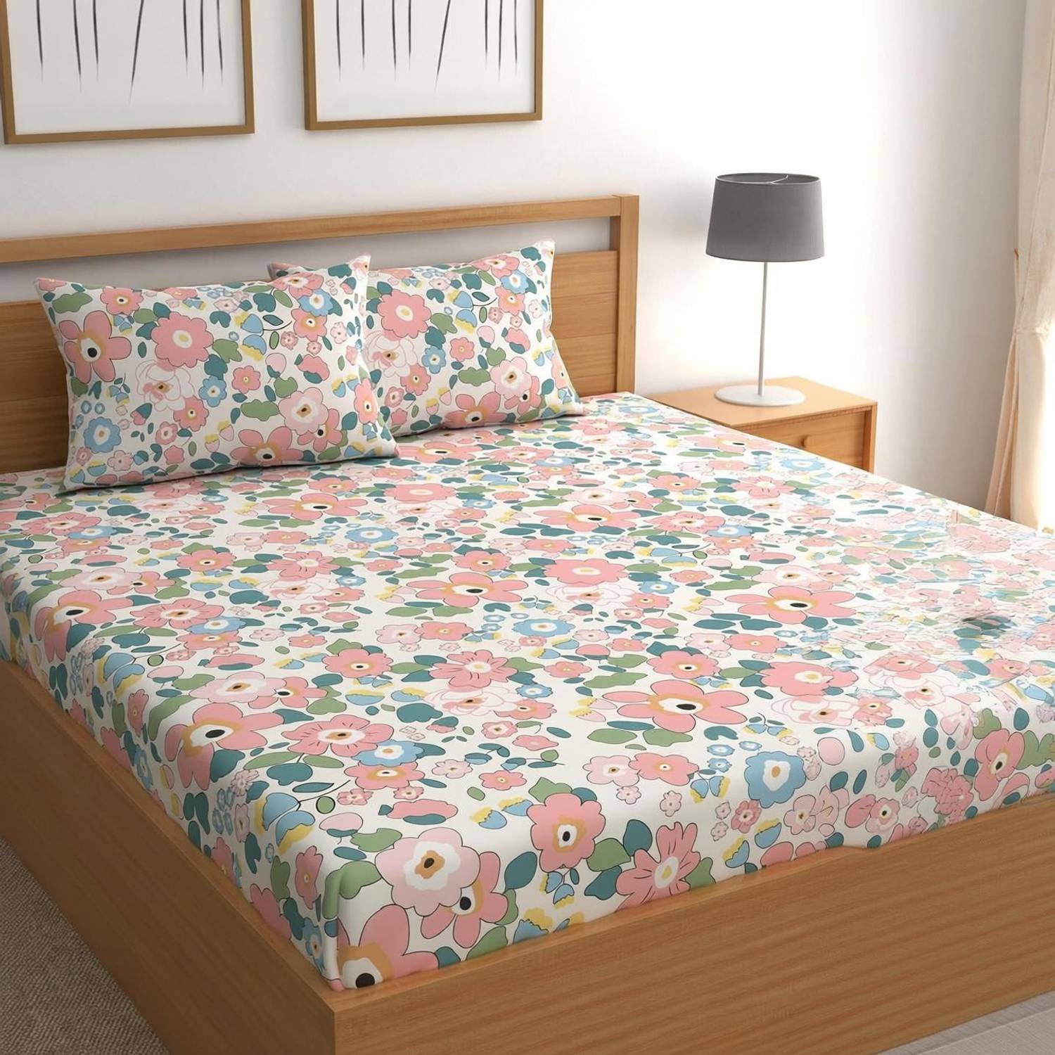 ANTICCA INDIA Cotton Blend Double Fitted (Elastic) 240 TC Printed 1 Bedsheet with 2 Pillow Covers