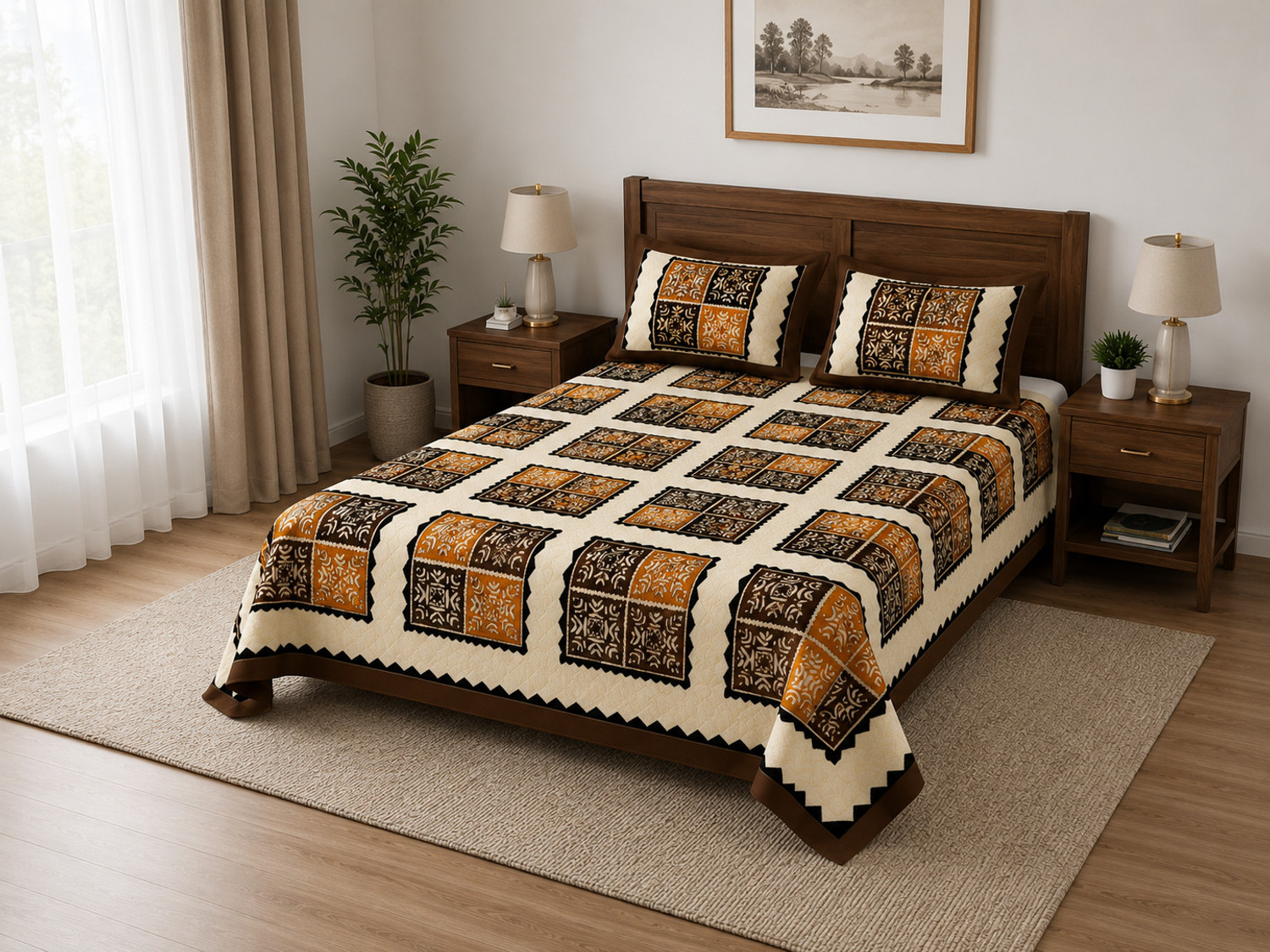 Image of SIZAR Cotton Double, King Flat 240 TC Printed 1 Bedsheet with 2 Pillow Covers