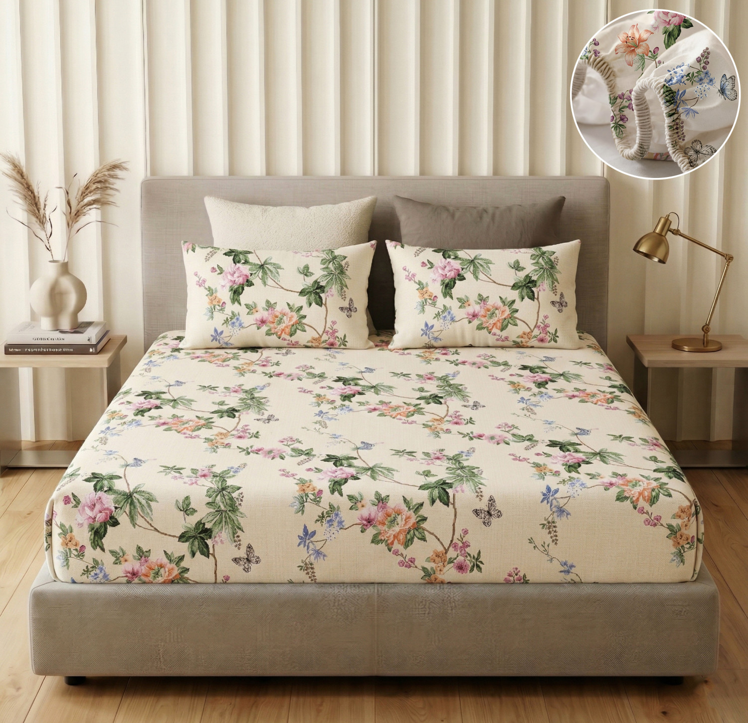 Image of SANMARINO Cotton Super King Fitted (Elastic) 220 TC Printed 1 Bedsheet with 2 Pillow Covers