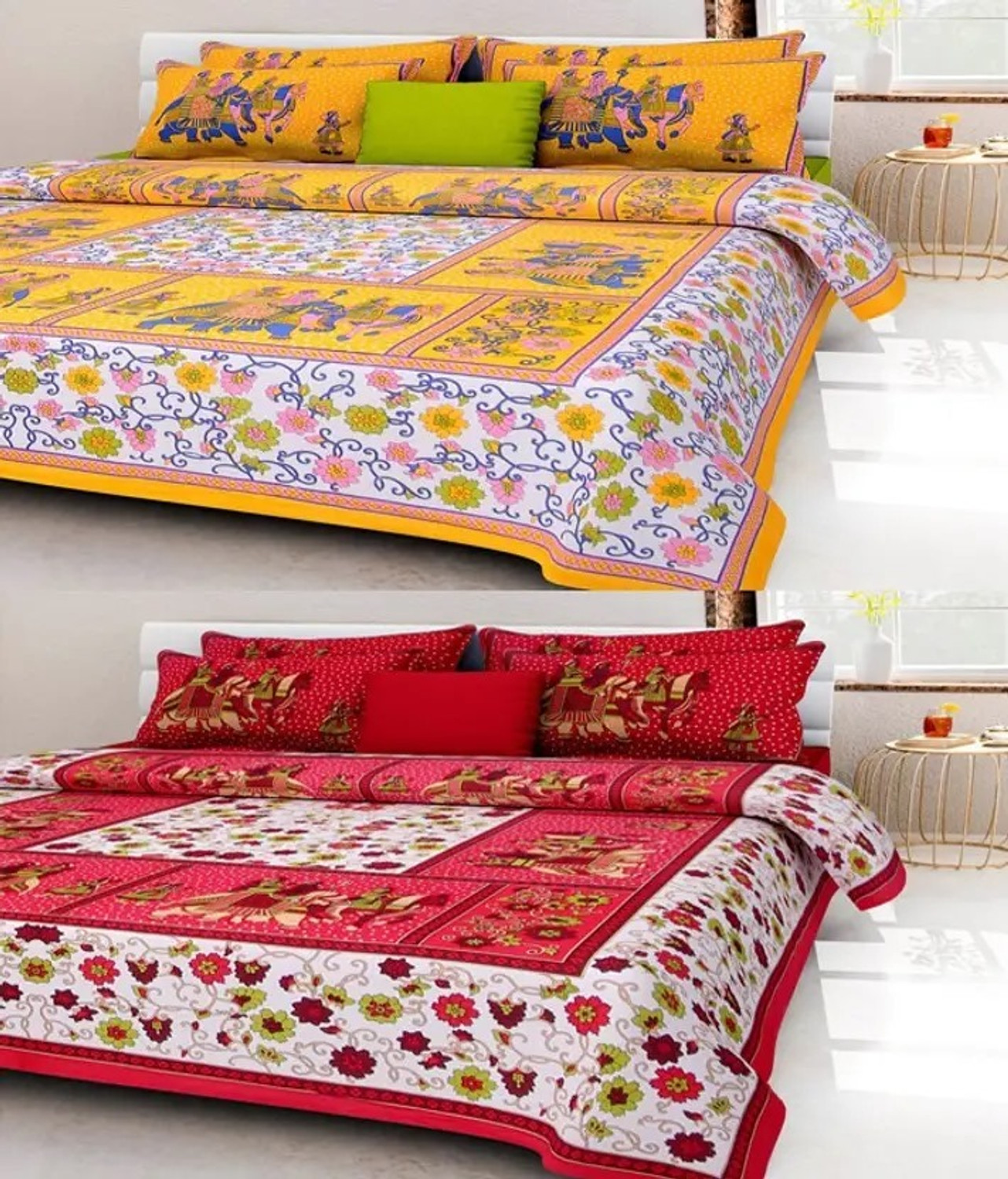 DGSM CRAFT Cotton Double Flat 210 TC Jaipuri Prints 2 Bedsheets with 4 Pillow Covers