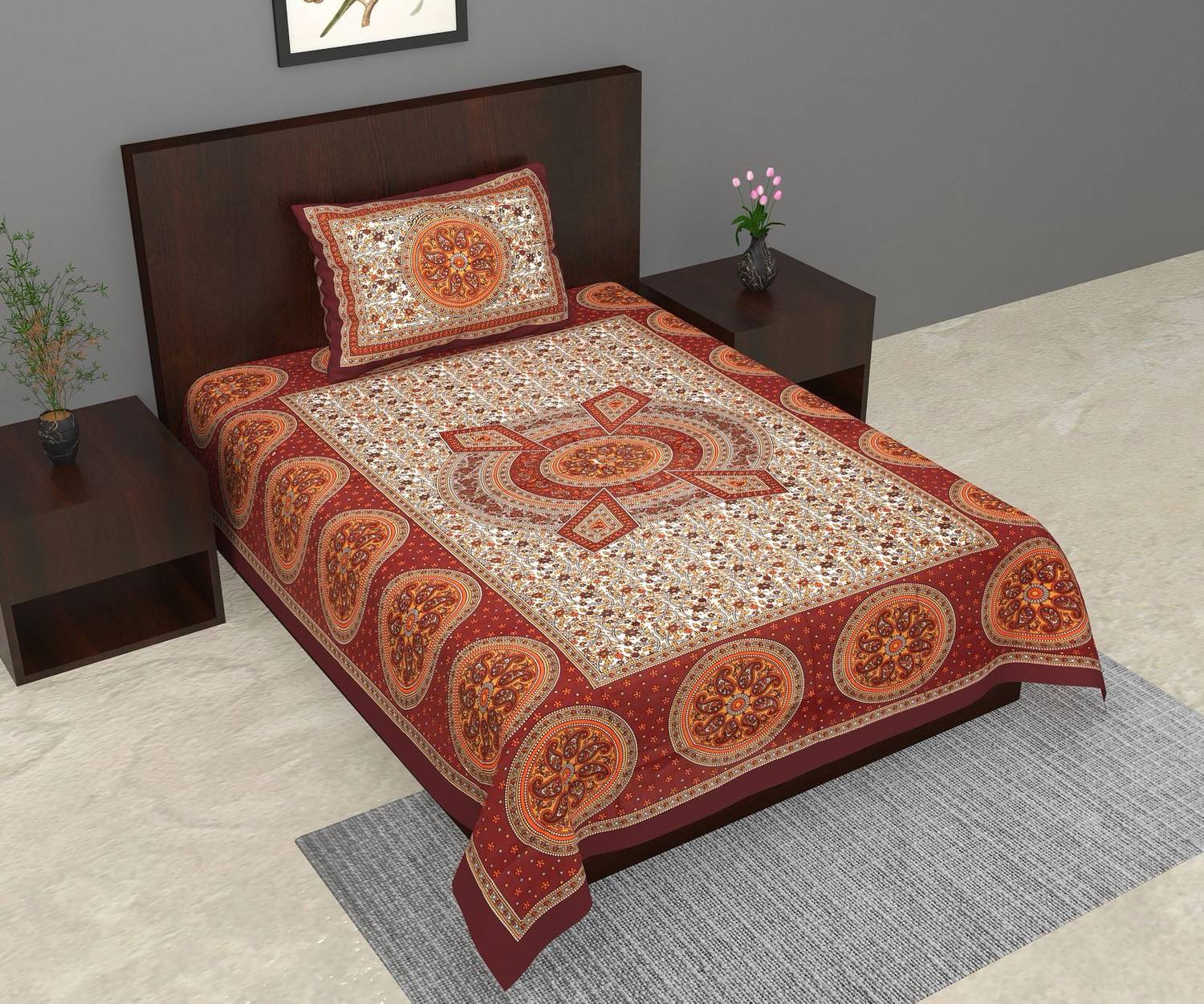 AARAMYA Cotton Single Flat 240 TC Jaipuri Prints 1 Bedsheet