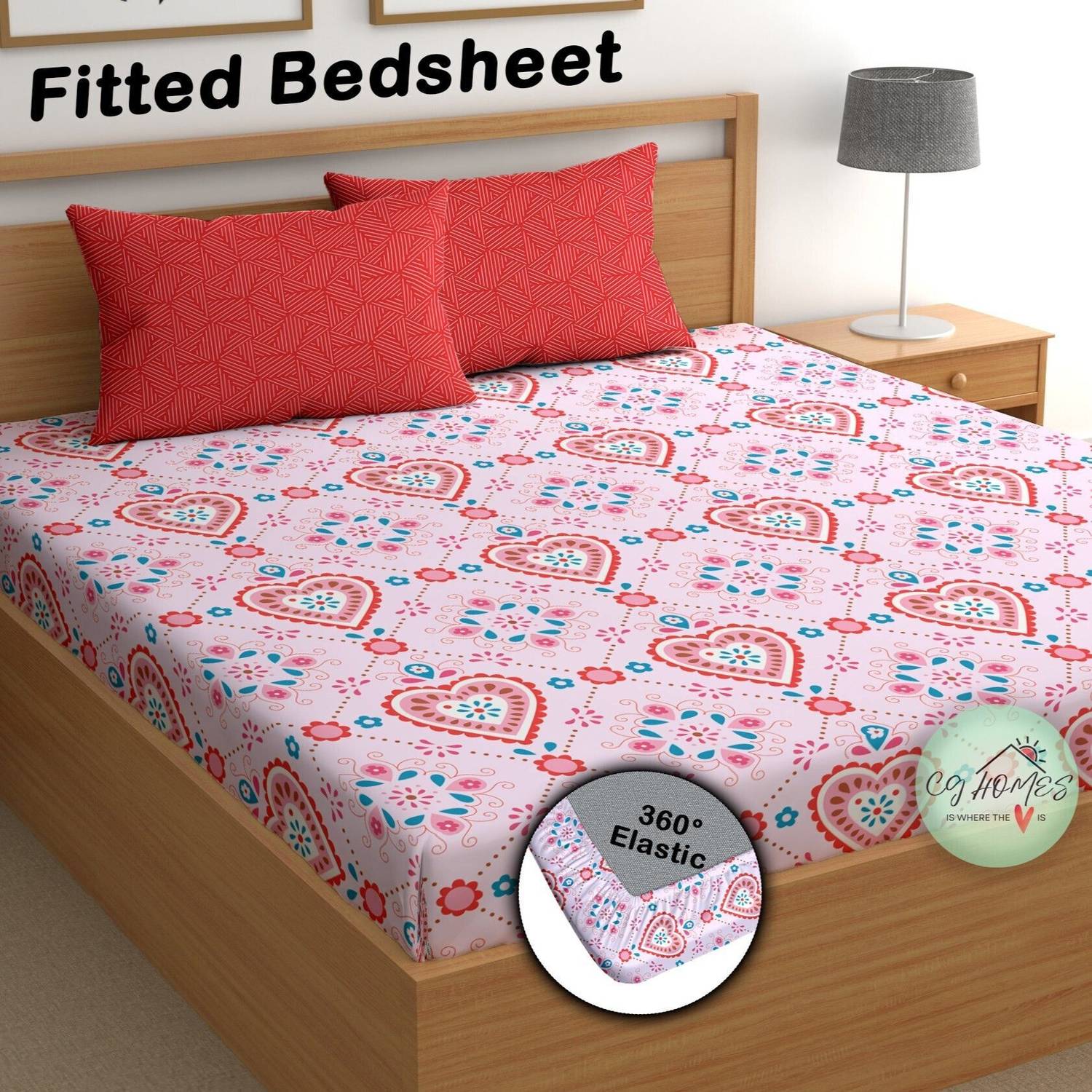 CG Homes Cotton Double Fitted (Elastic) 180 TC Printed 1 Bedsheet