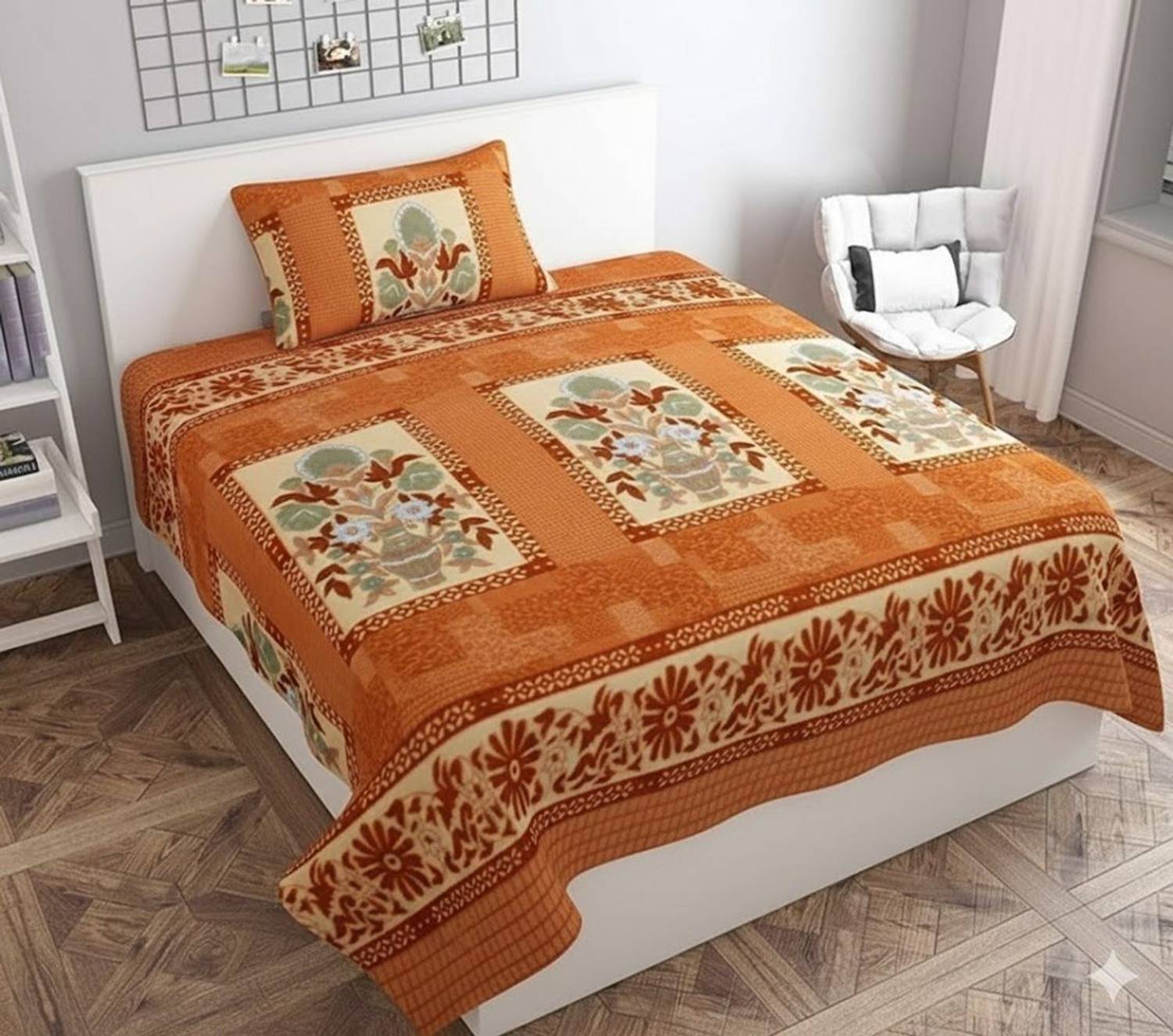 ARDM Woolen Single Flat 400 TC Floral 1 Bedsheet with 2 Pillow Covers
