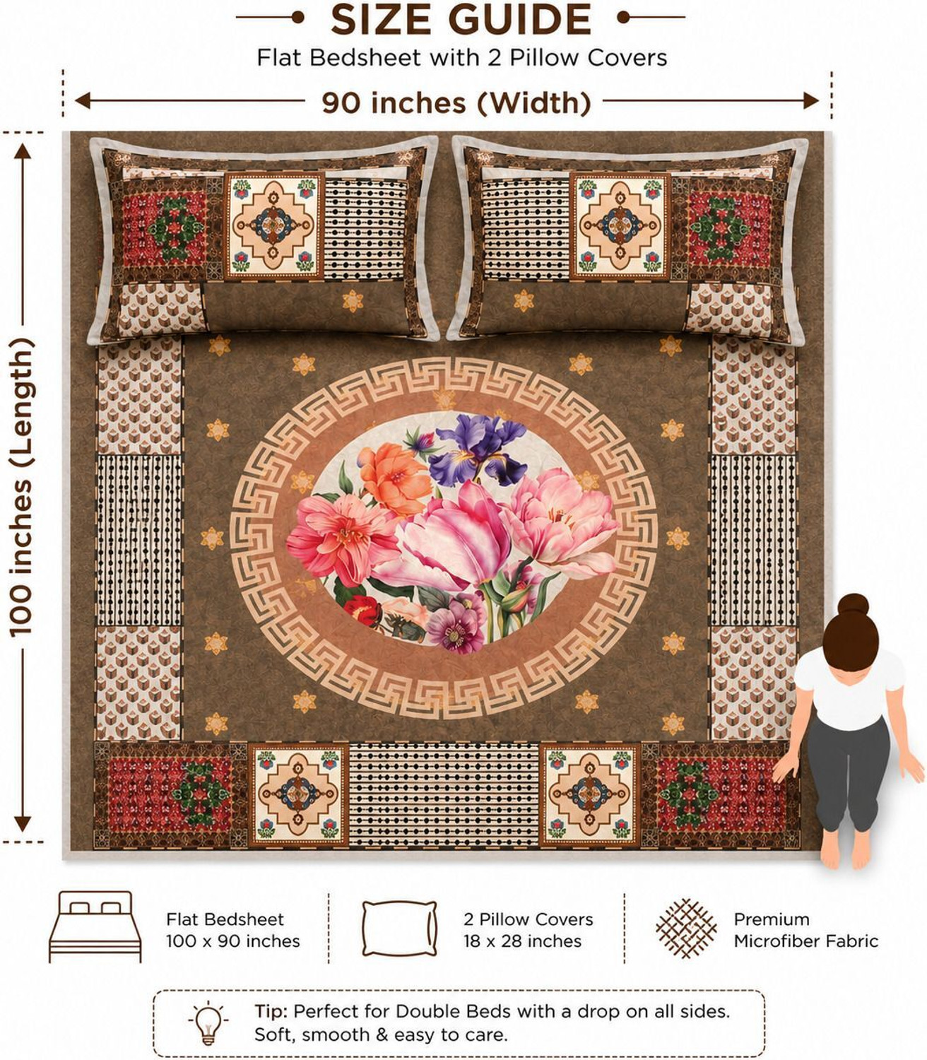 Image of real dream Cotton Double Flat 250 TC Floral 3 Summer Bedsheets with 2 Pillow Covers (Multicolor)