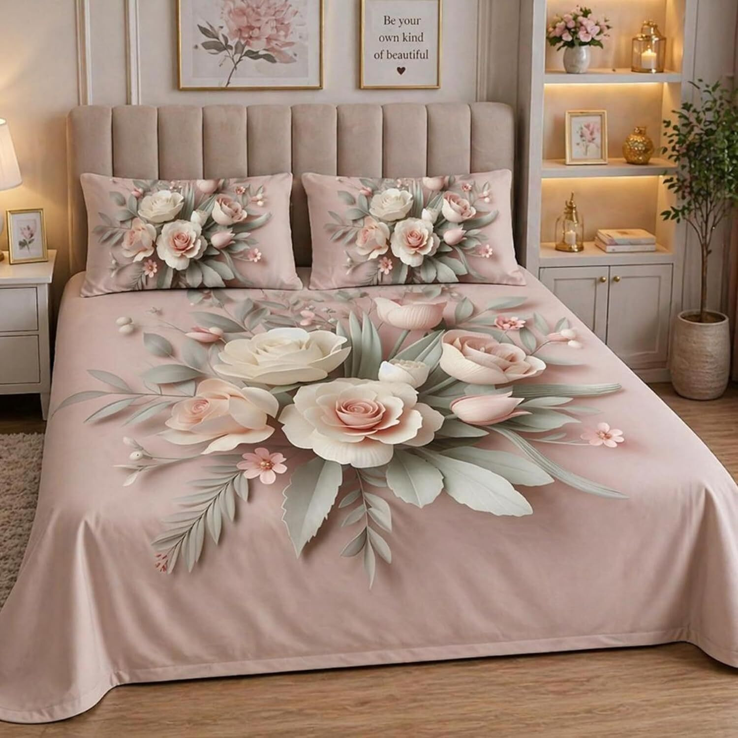Image of JiyanshDecor Cotton Blend King Flat 220 TC Floral 1 Summer Bedsheet with 2 Pillow Covers