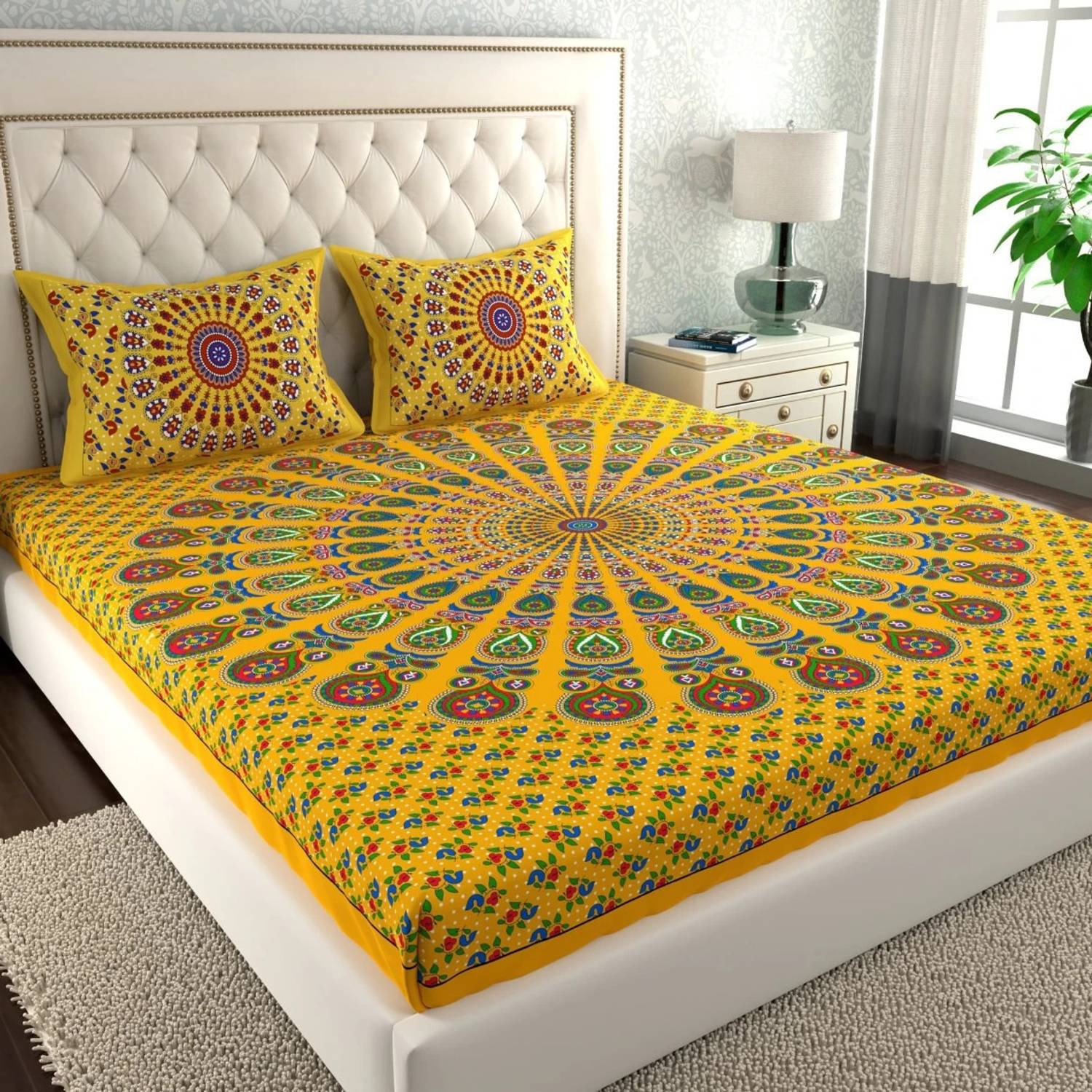 Cosito Cotton Double Flat 144 TC Jaipuri Prints 1 Bedsheet with 2