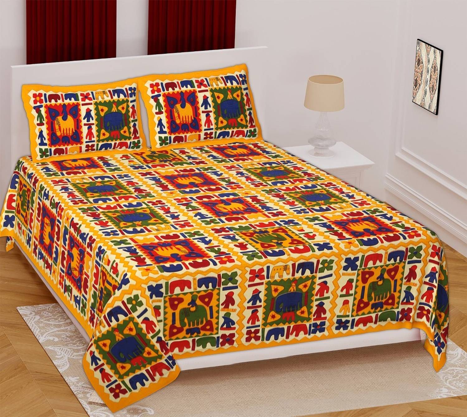 RAMOLI Cotton Double Flat 144 TC Jaipuri Prints 1 Bedsheet with 2