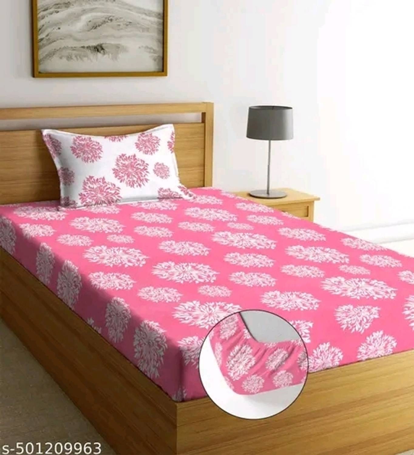 BeddingZone Cotton Single Fitted (Elastic) 210 TC Self Design 1 Bedsheet with 2 Pillow Covers, 2 Cushion Covers