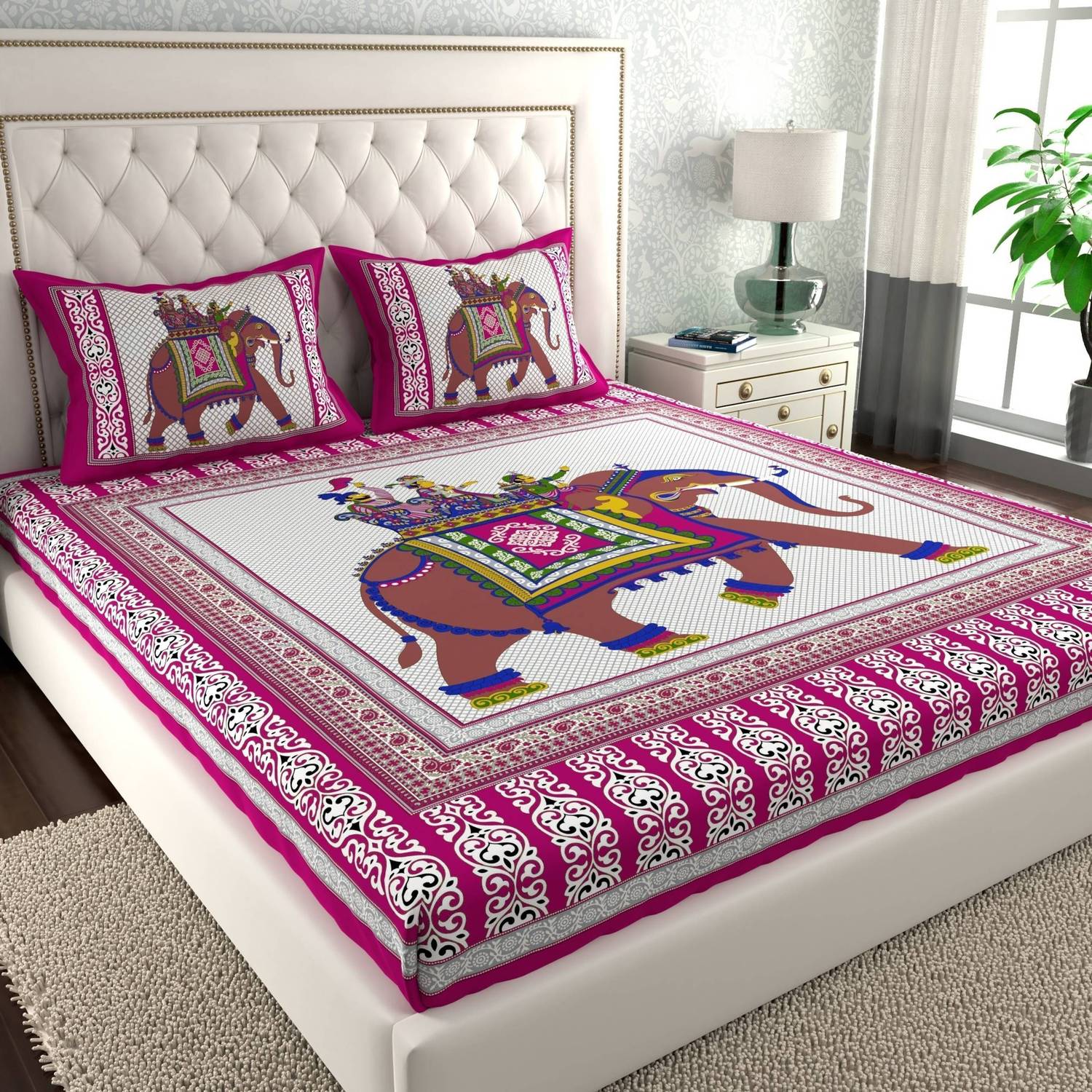 CLOTHOLOGY Cotton Double Flat 144 TC Jaipuri Prints 1 Bedsheet wi